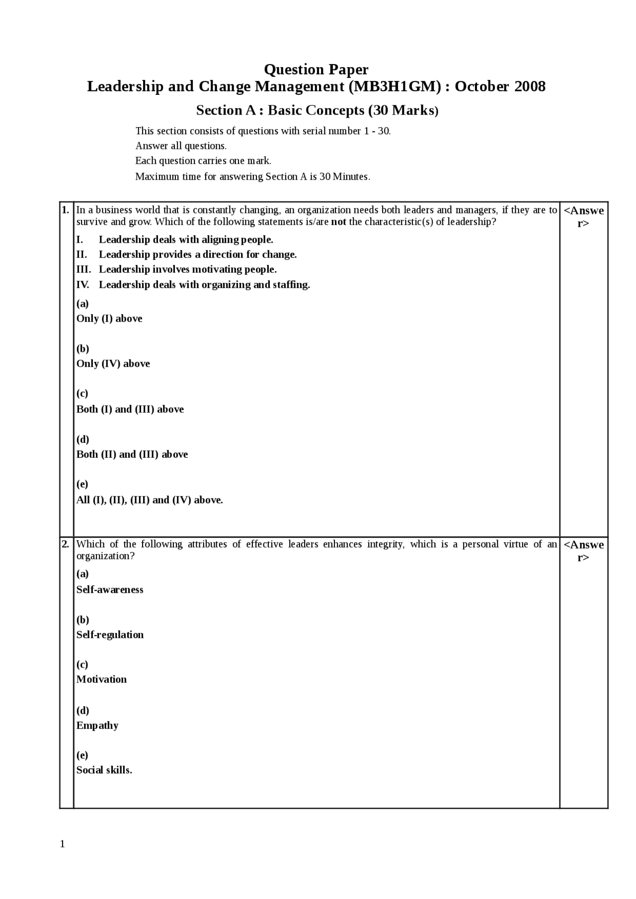 Leadership question paper | Exams Leadership and Team Management | Docsity