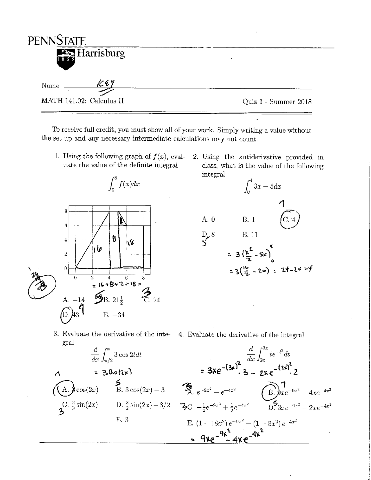 Solutions for Quiz 1 - Calculus with Analytic Geometry II | MATH 141 ...