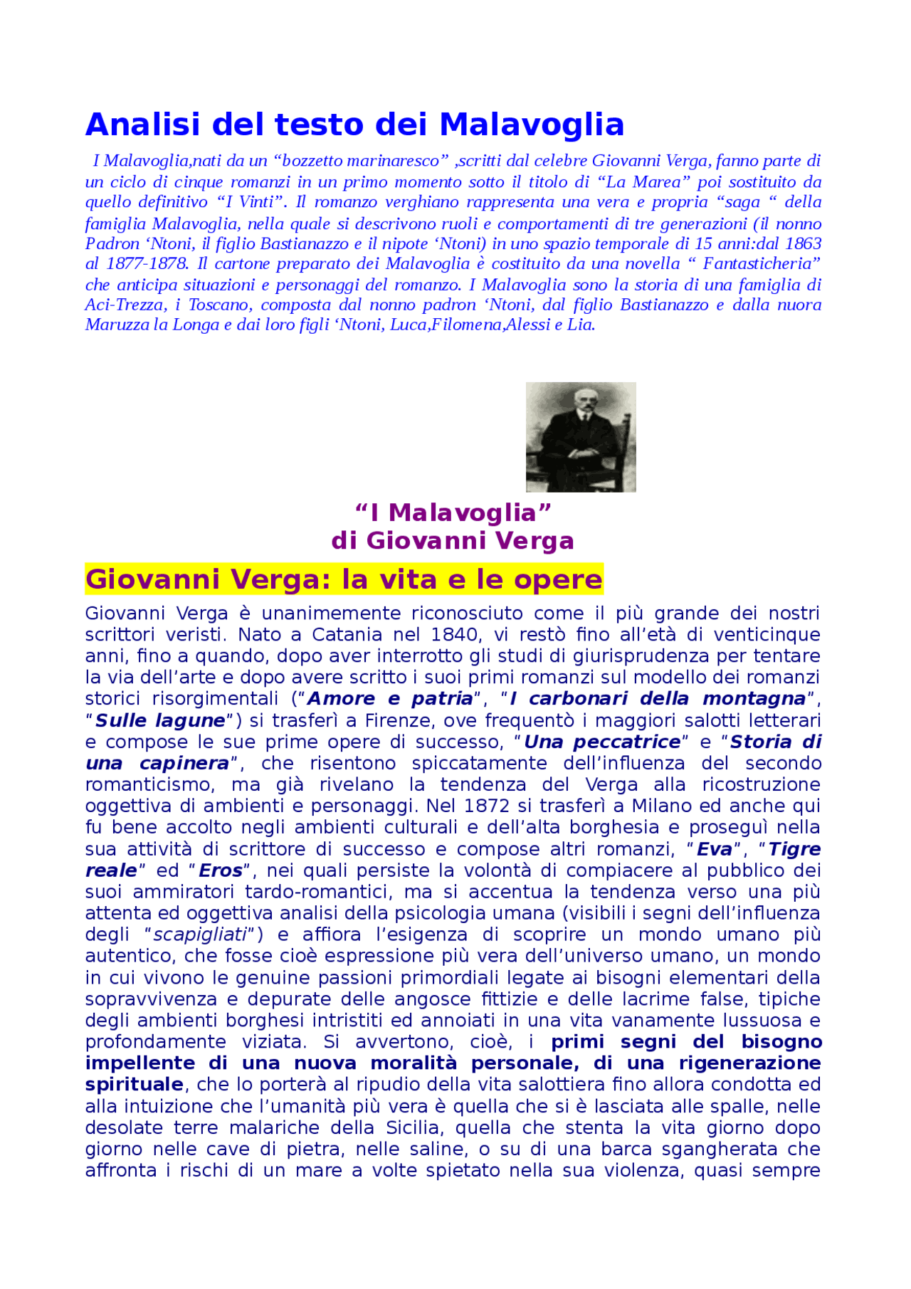 ANALISI DEL TESTO 'I MALAVOGLIA' DI VERGA Docsity