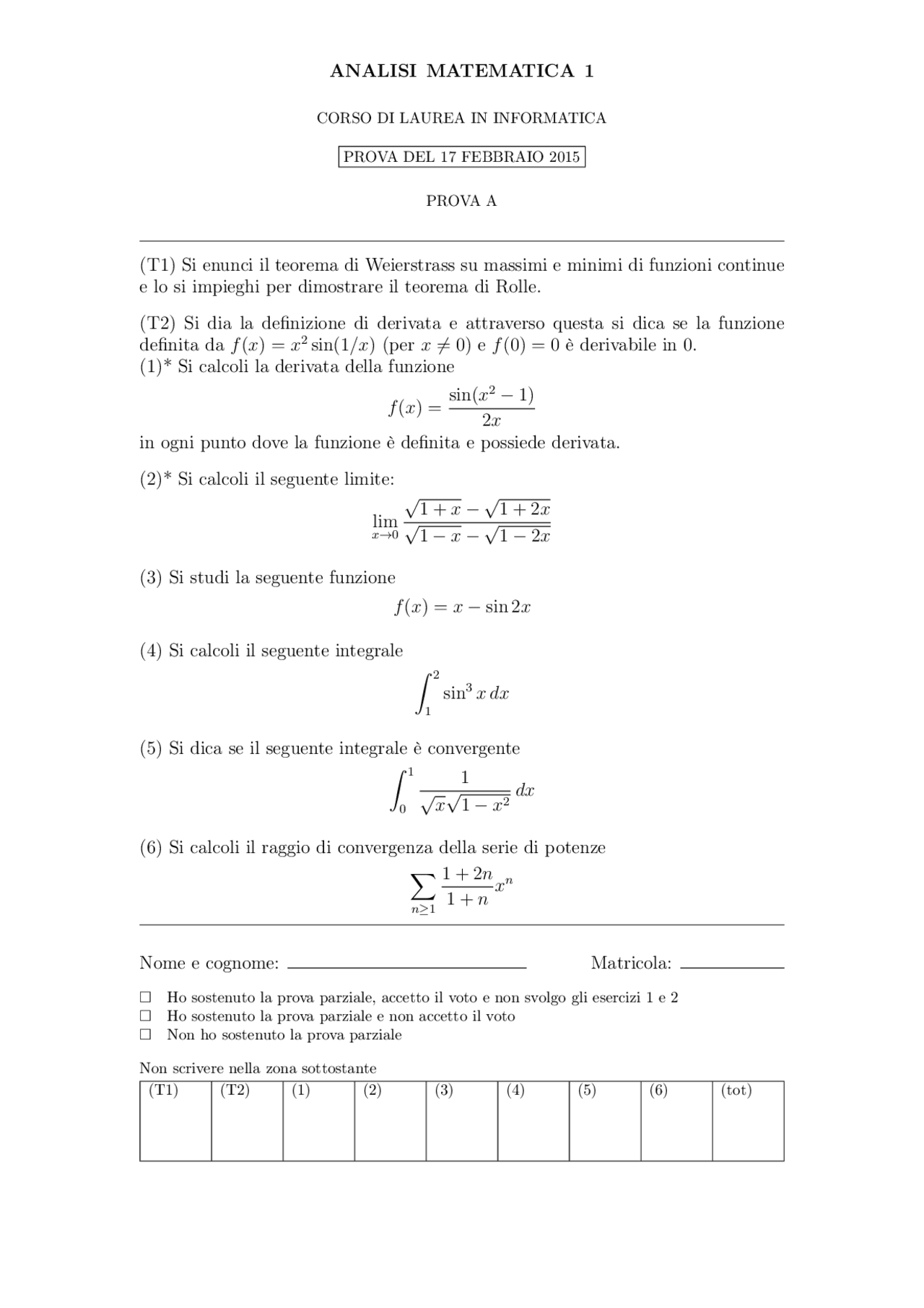 Testo di esame di Analisi 1, Informatica - Docsity