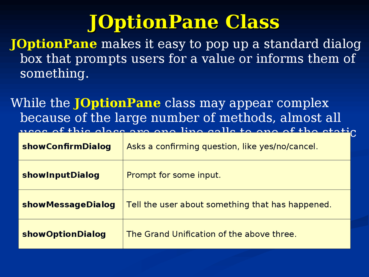 Joptionpane Examples Joptionpane class types - Docsity