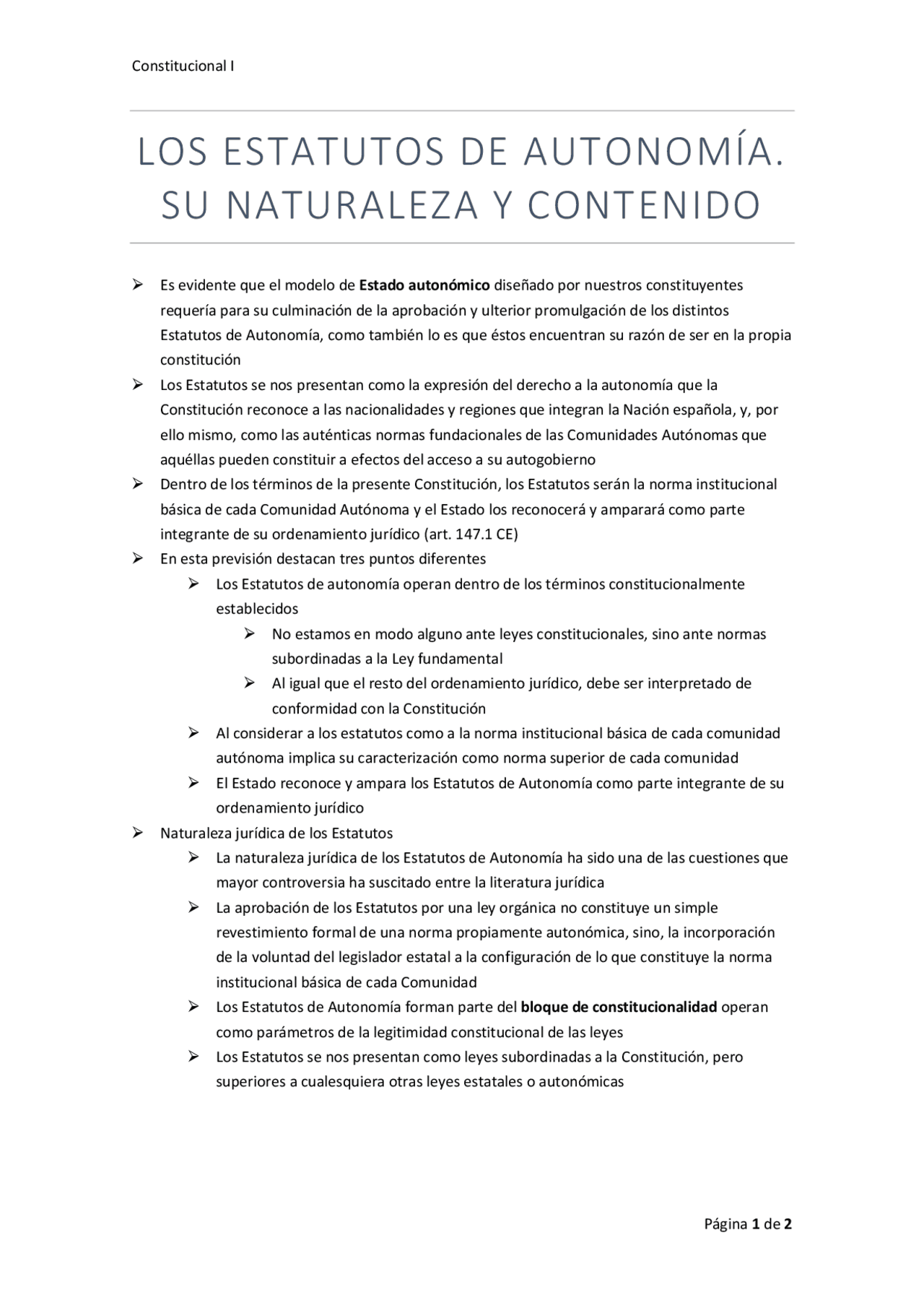 Los Estatutos de autonomía. Su naturaleza y contenido - Docsity