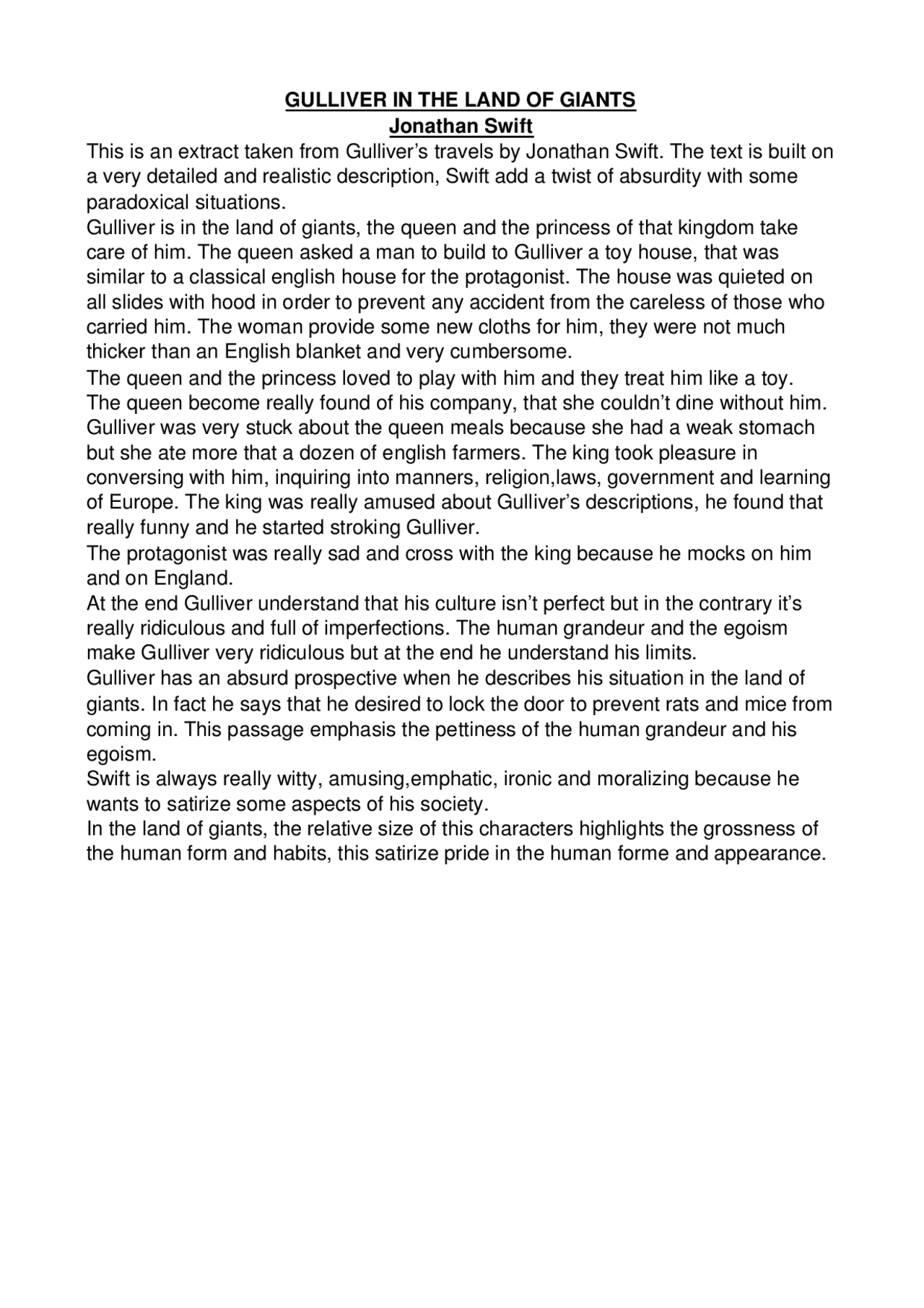 Gulliver in the land of giants Gulliver's travels Docsity