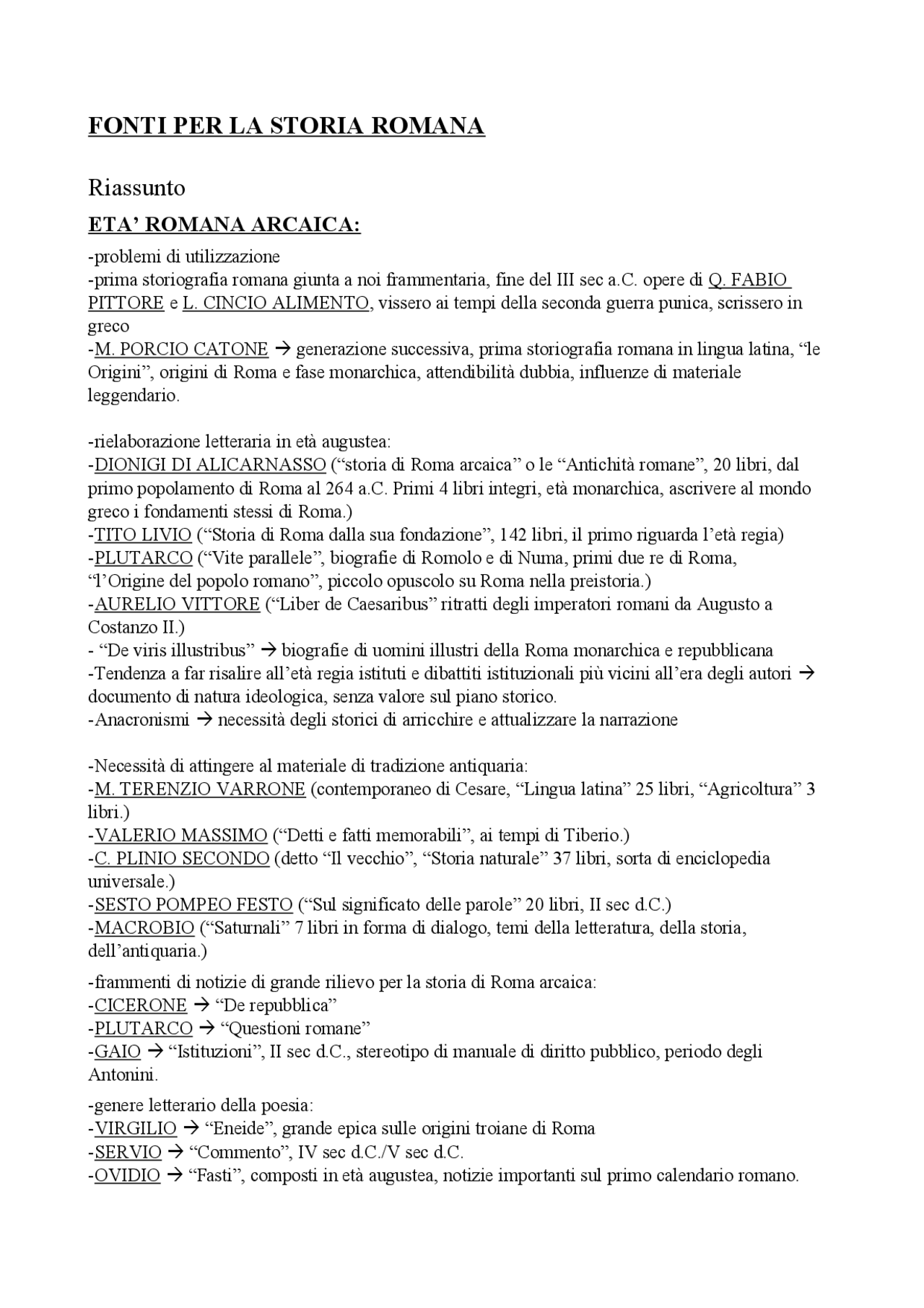 Riassunto fonti di storia romana | Prove d'esame di Storia ...
