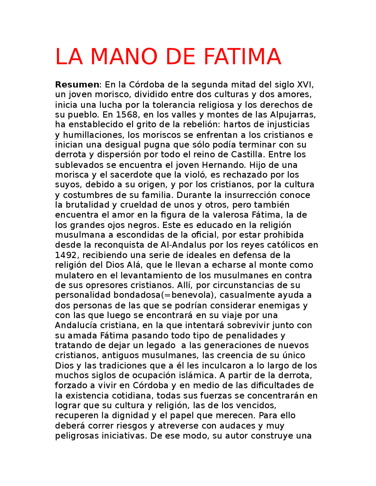 La Mano De Fatima Resumen Docsity