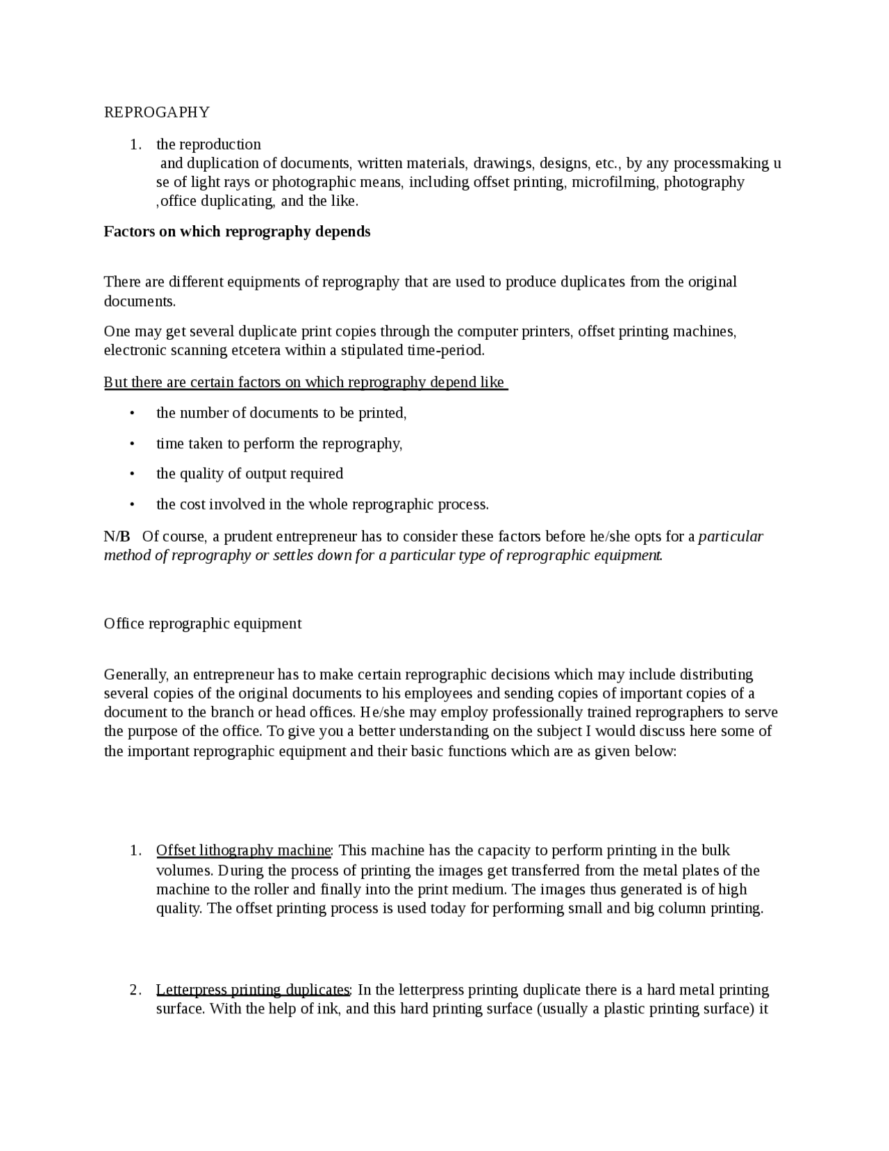 Reprography in office management | Lecture notes Humanities | Docsity