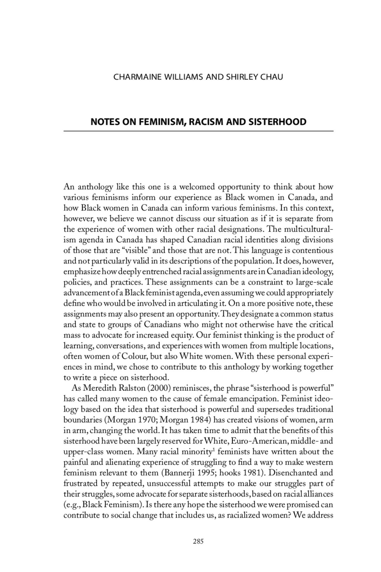 Notes on feminism racism and sisterhood - Docsity