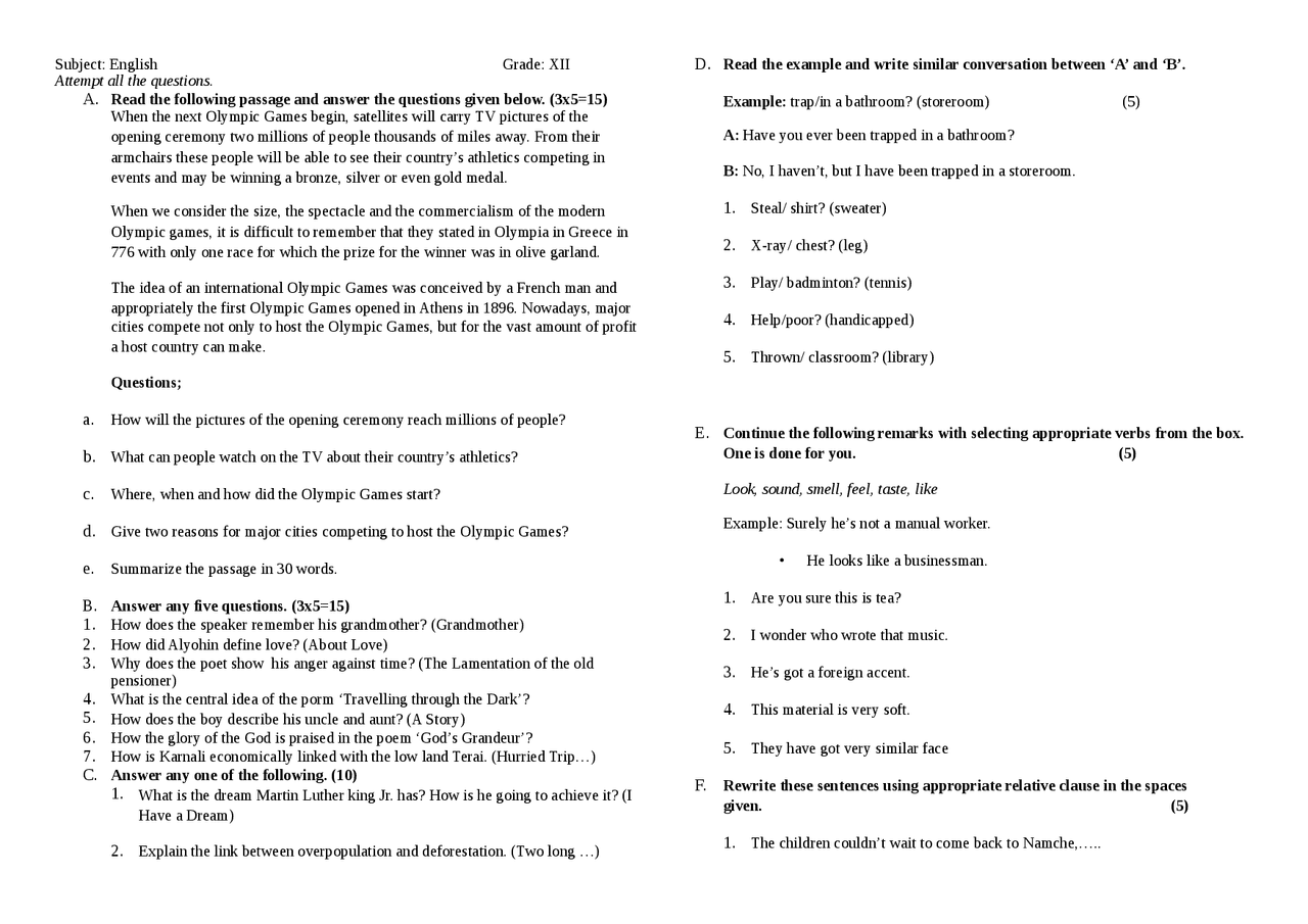 Sample Questions for English Language - Docsity