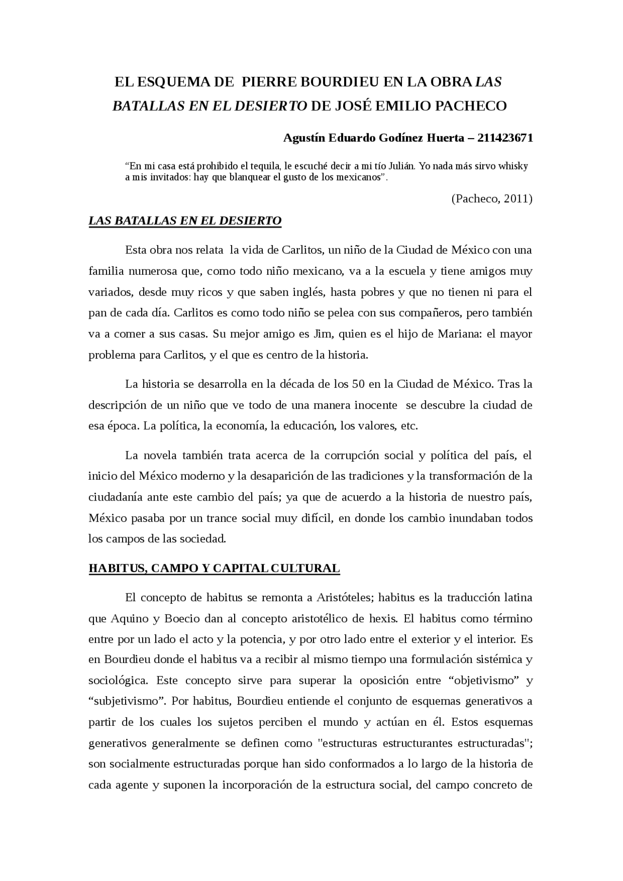 El Esquema De Pierre Bourdieu En La Obra Las Batallas En El Desierto De Jose Emilio Pacheco Docsity