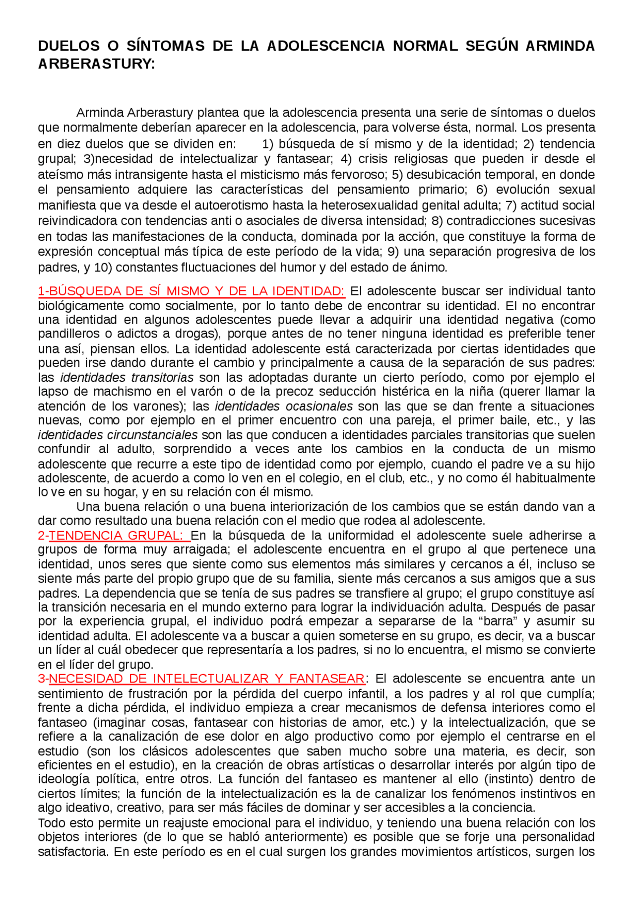 Resumen sobre síntomas de la adolescencia normal, Arminda