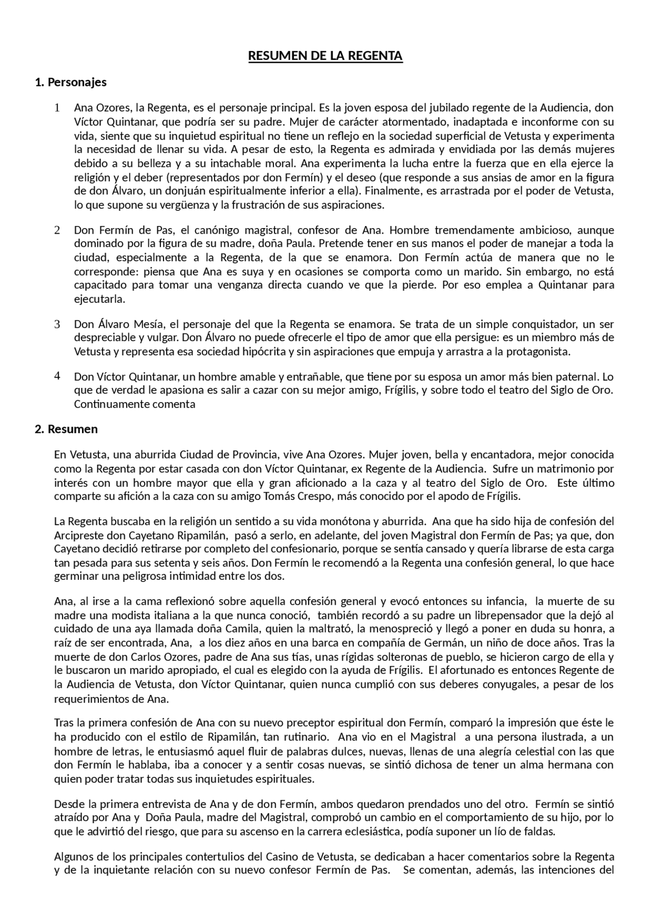 Resumen Regenta De Fernando Docsity