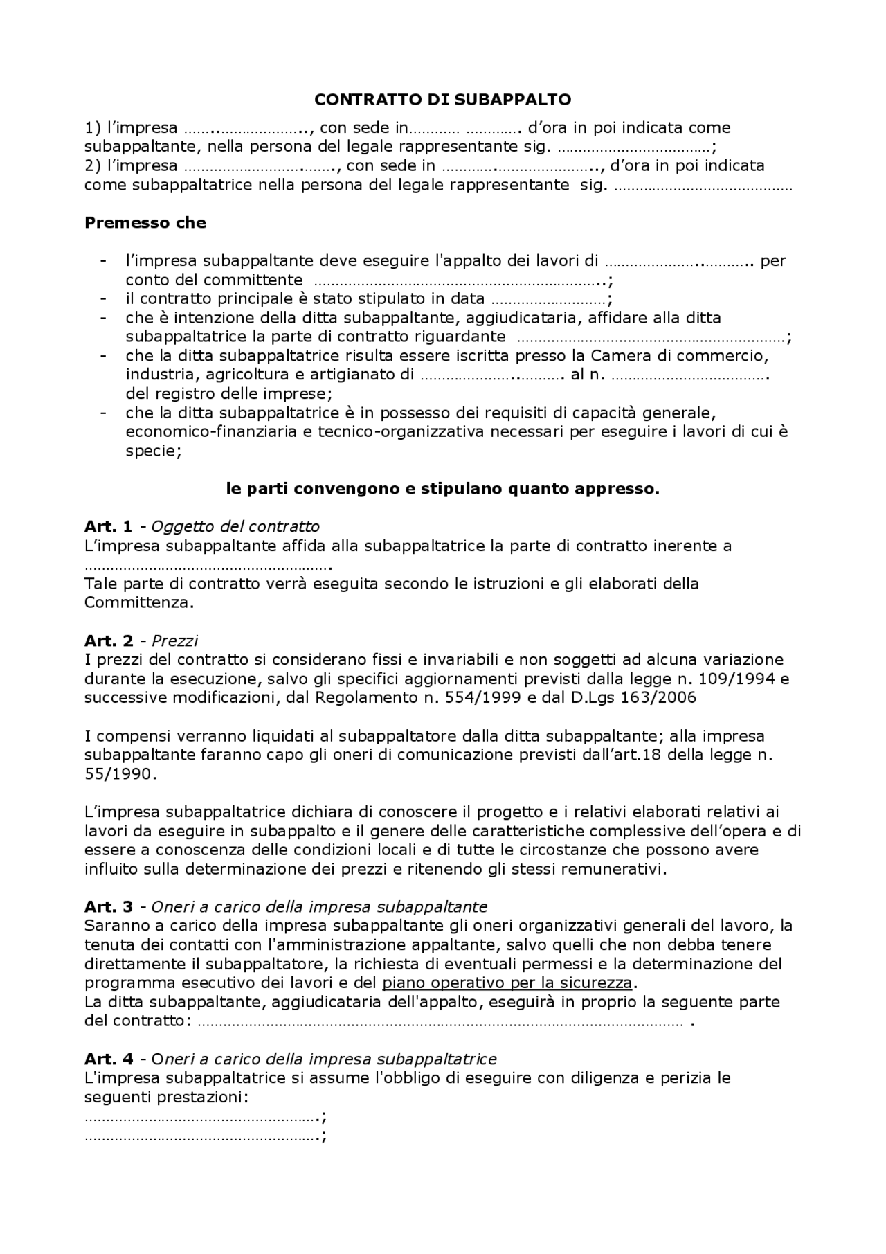 FAC SIMILE CONTRATTO DI APPALTO - Docsity