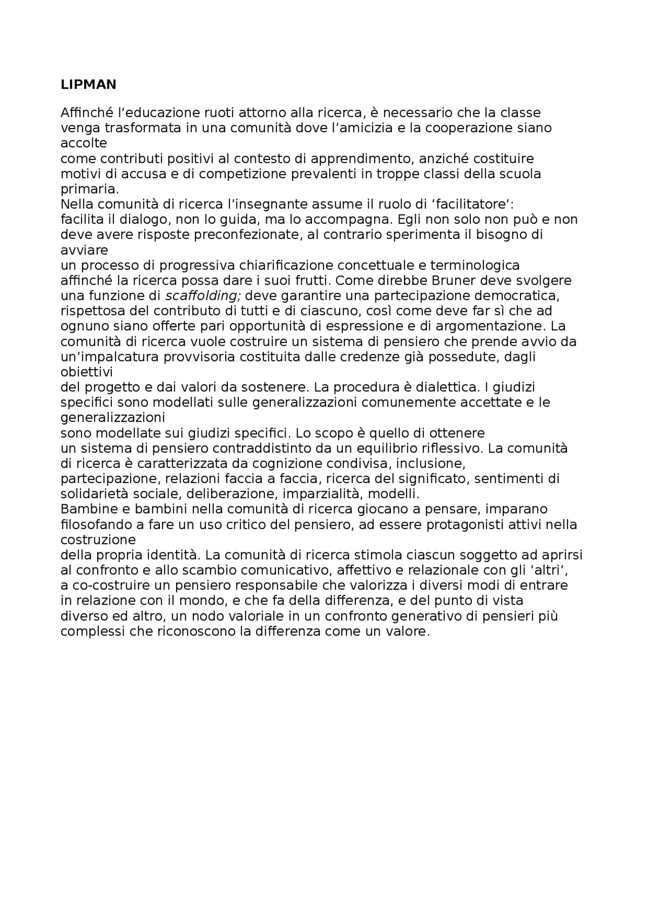 Facilitatore sociale, Lipman - Docsity