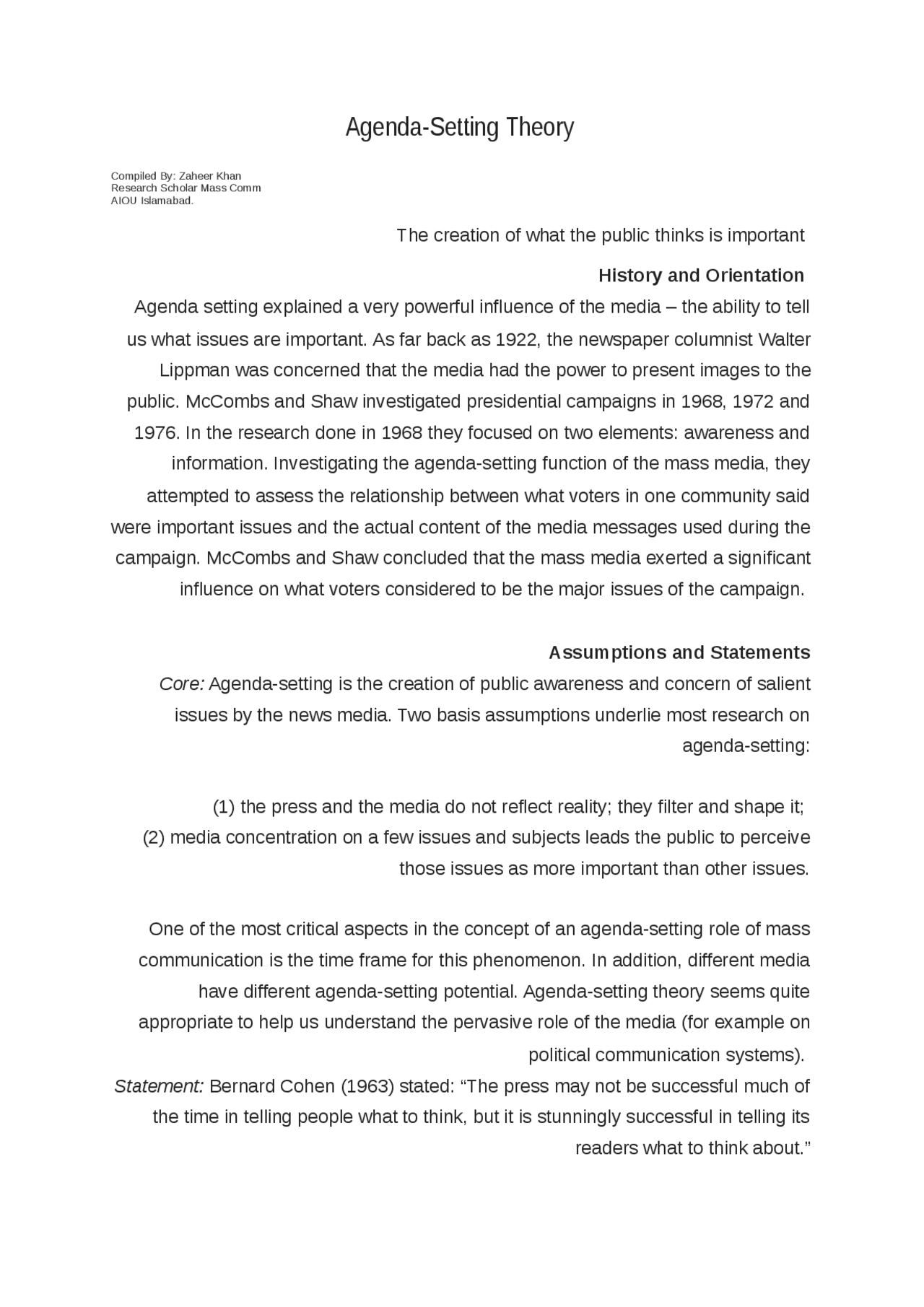 Agenda Setting Theory Of Media Docsity