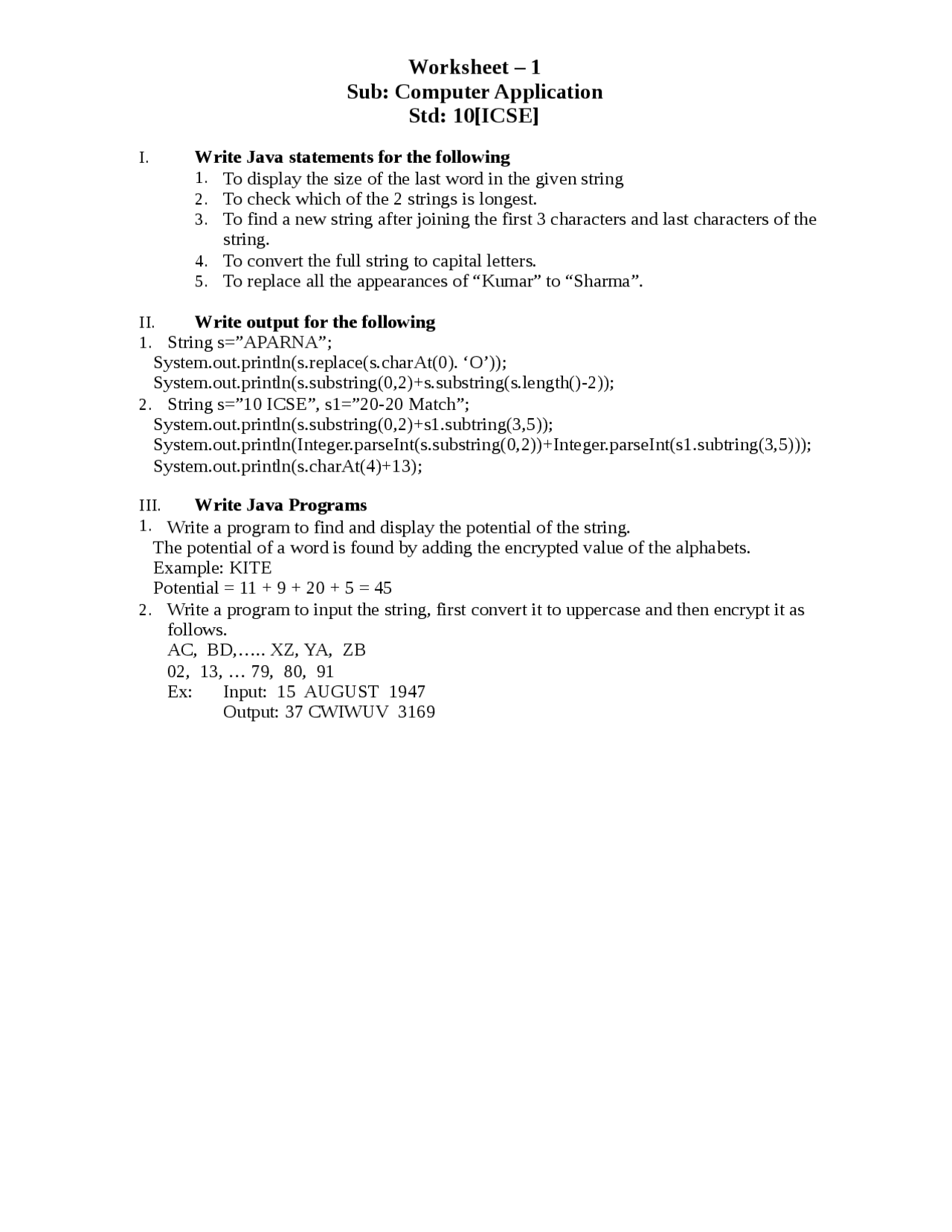 class 10 icse worksheet docsity