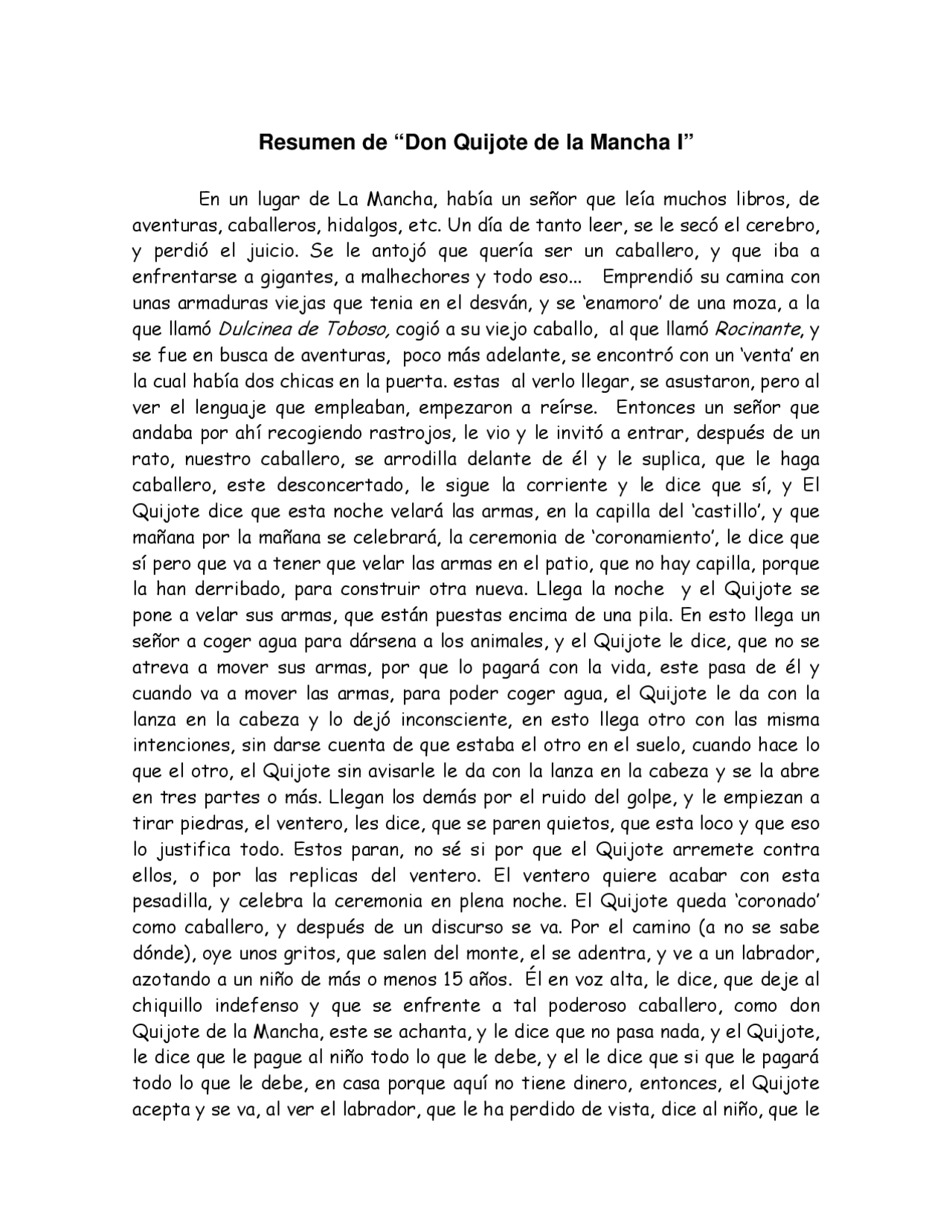 Resumen Del Quijote De La Mancha Docsity