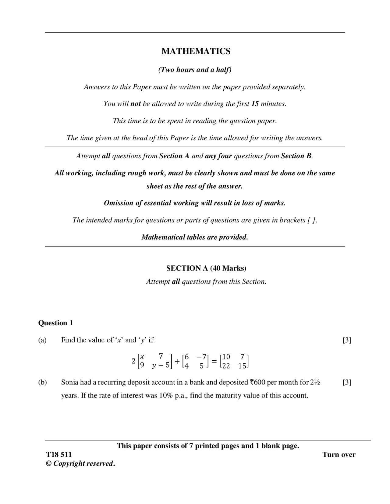 ICSE BOARD QUESTION PAPER OF MATH OF YEAR 2018 - Docsity
