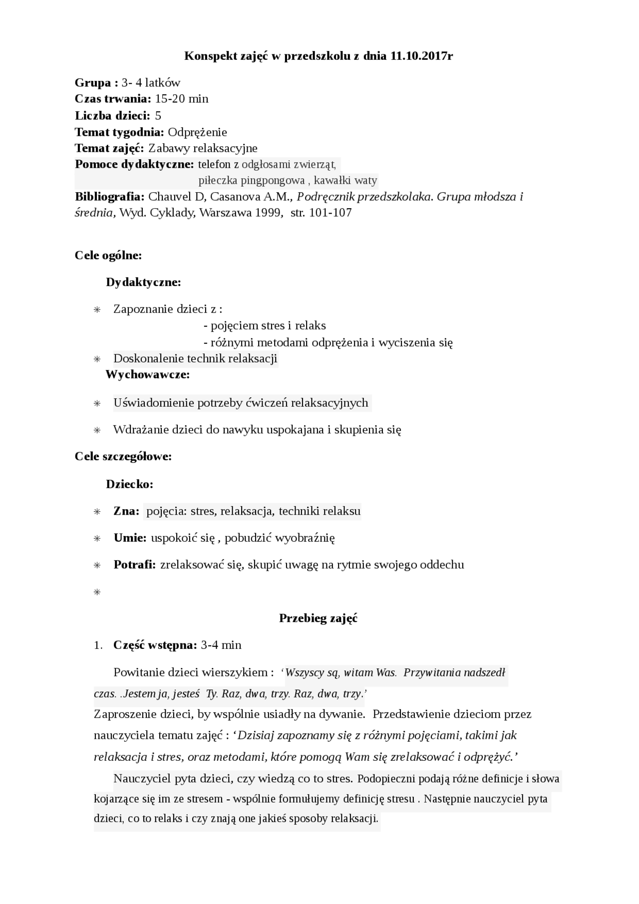 Konspekt zajęć w przedszkolu - Docsity