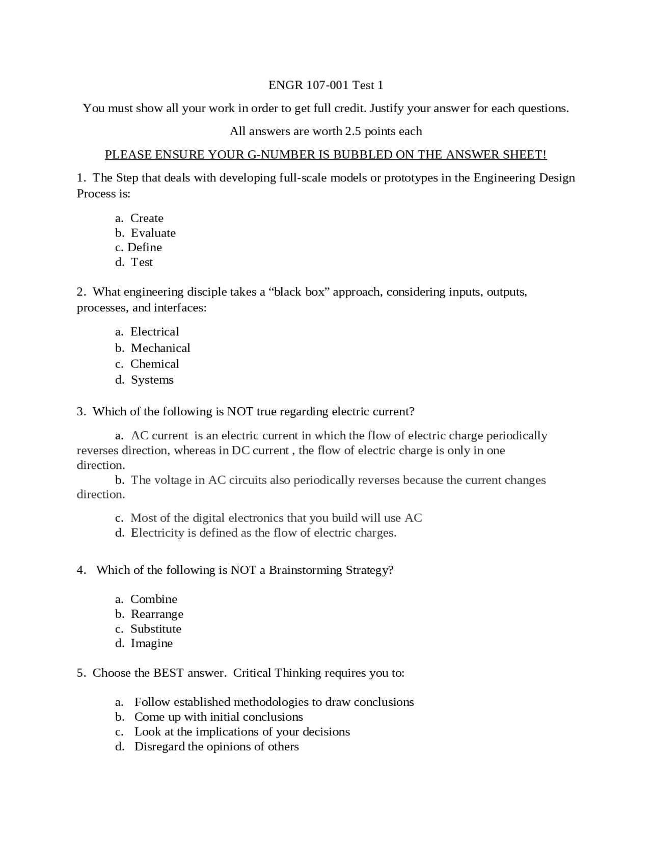 40 Multiple Choice Questions on Introduction to Engineering | ENGR 107 ...