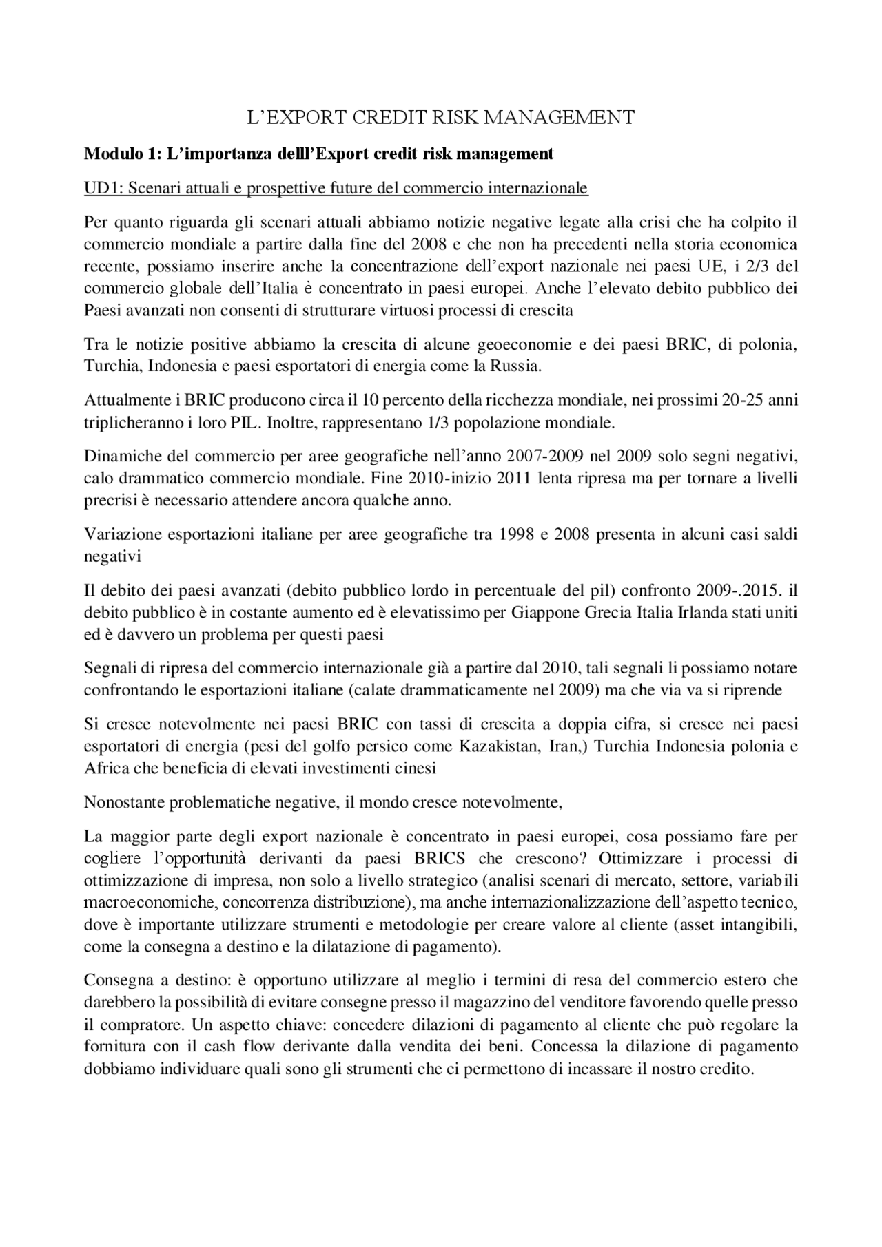 Export Credit Risk Management (appunti + domande e risposte) - Docsity