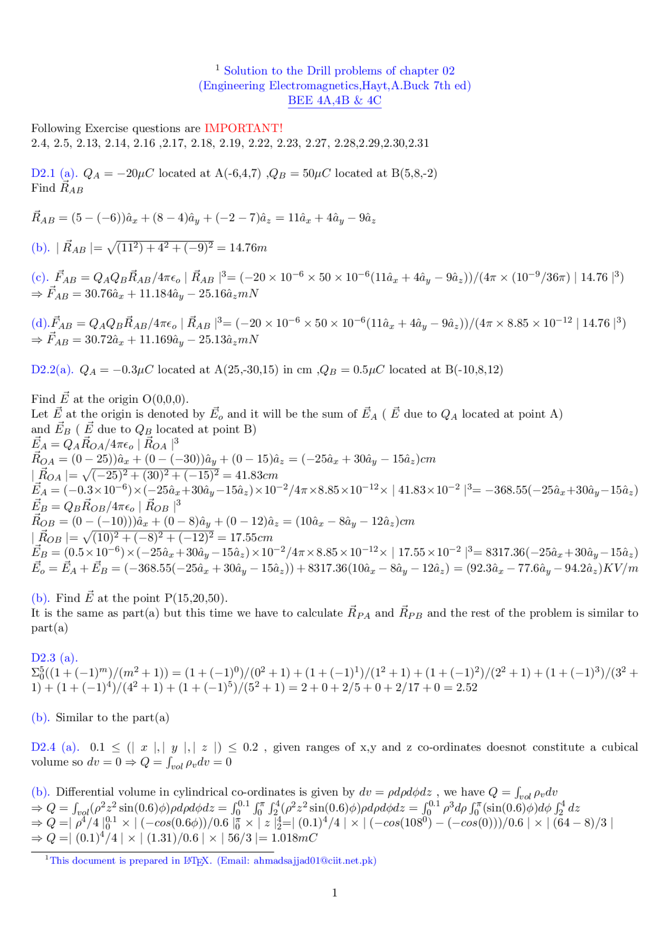 drill cH2 solution hayt | Study notes Mechanics | Docsity