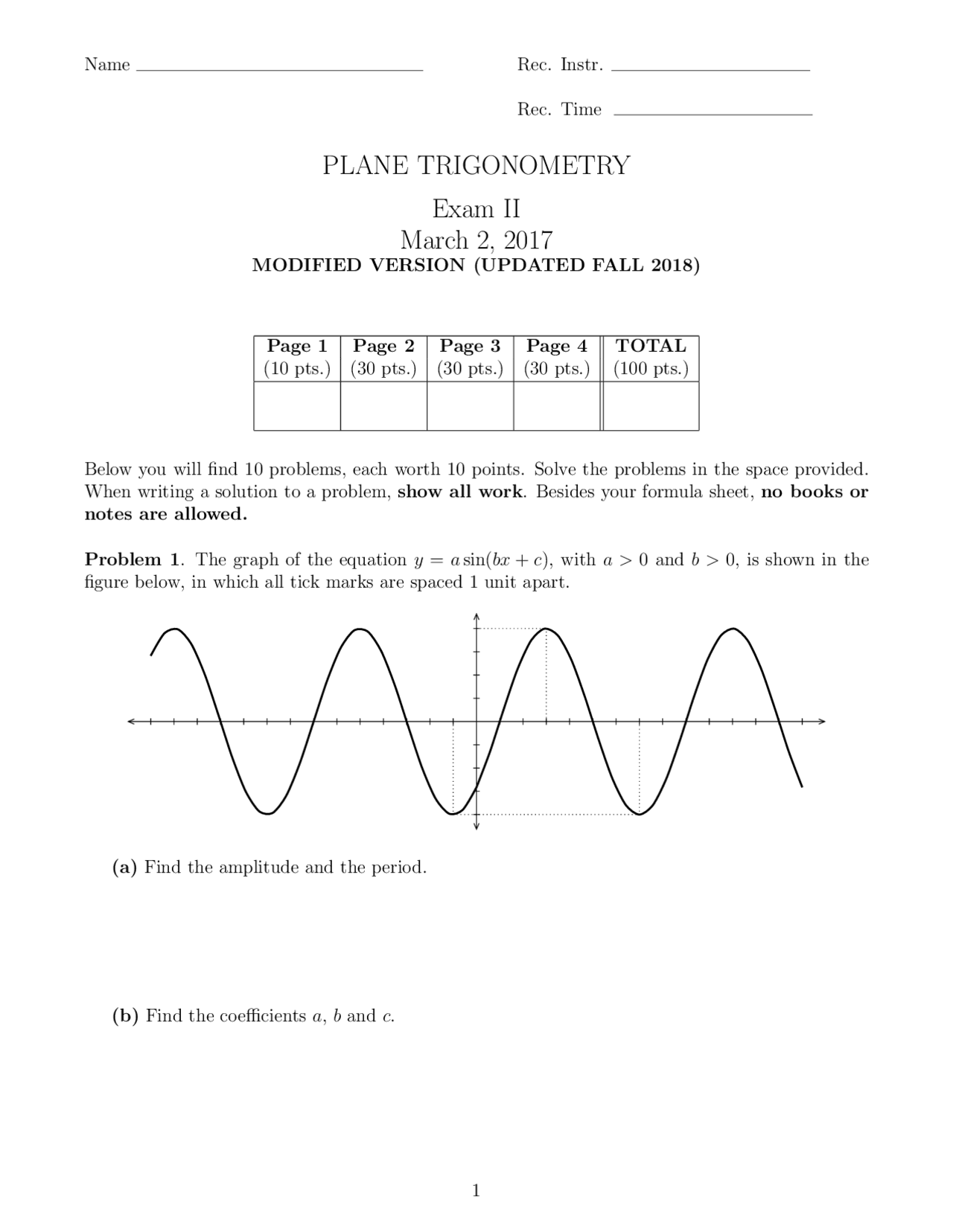 Practice Problems for Old Exam 2 - Plane Trigonometry | MATH 150 - Docsity