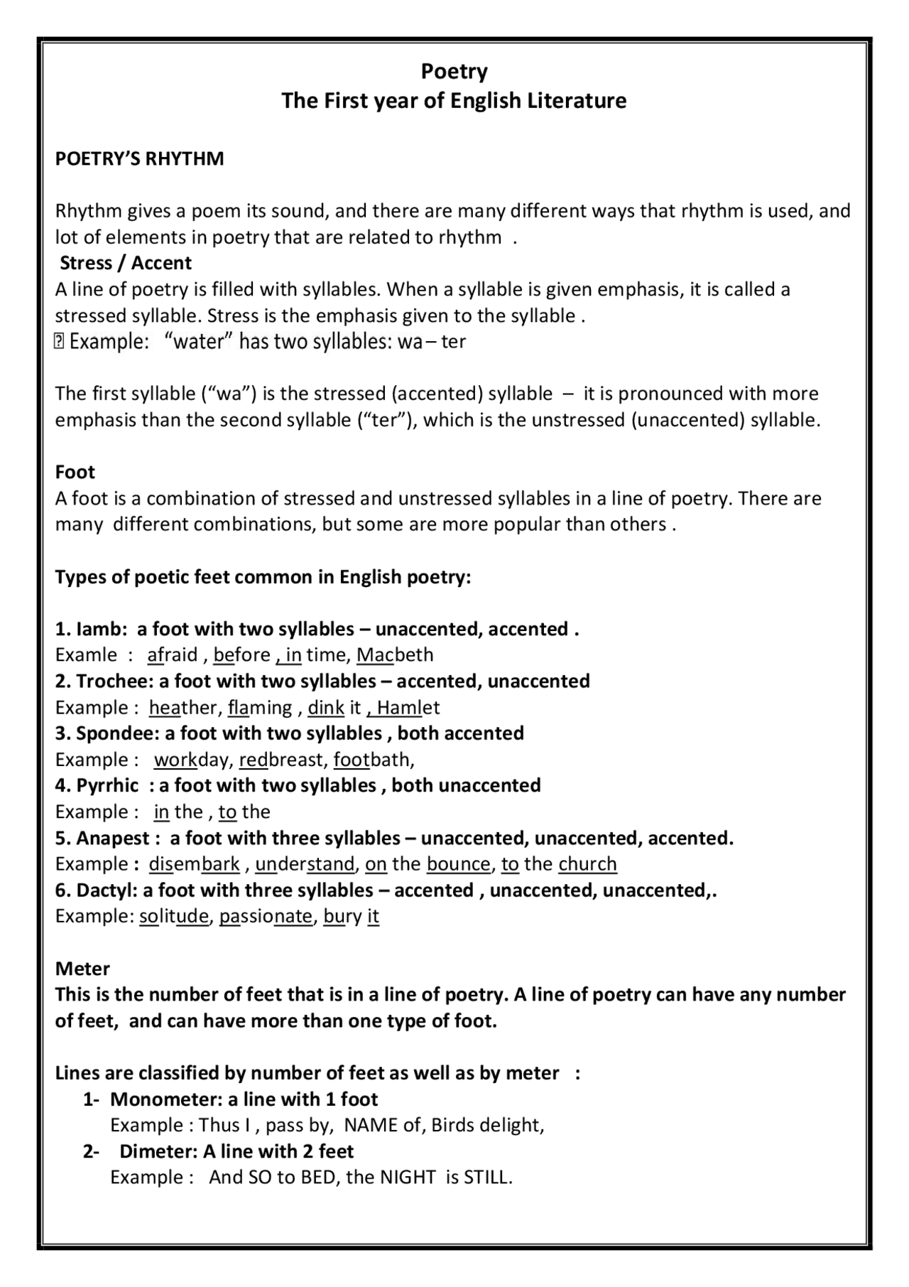 Poetry notes- literature - Docsity