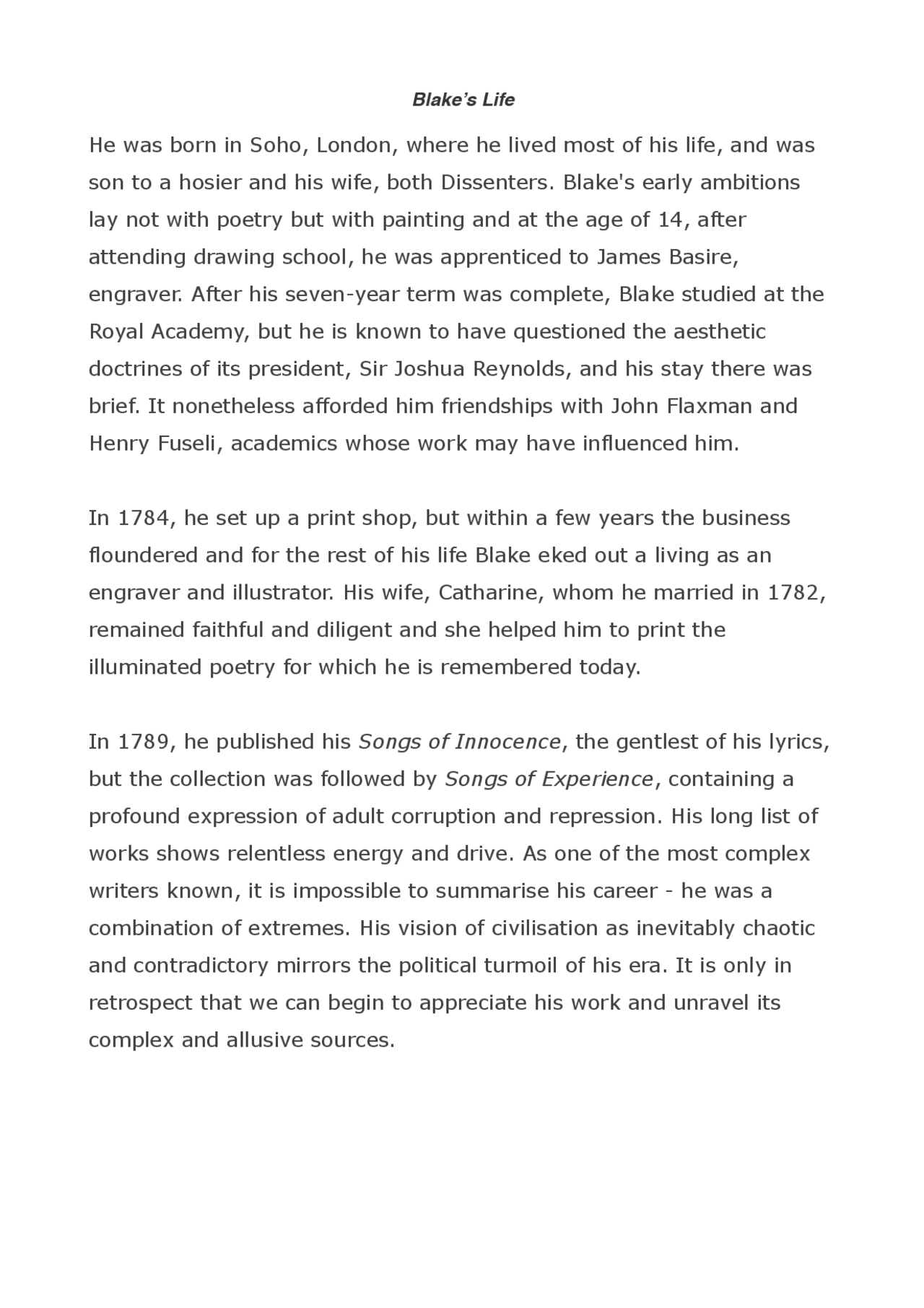 Blake's Life and Works - Docsity