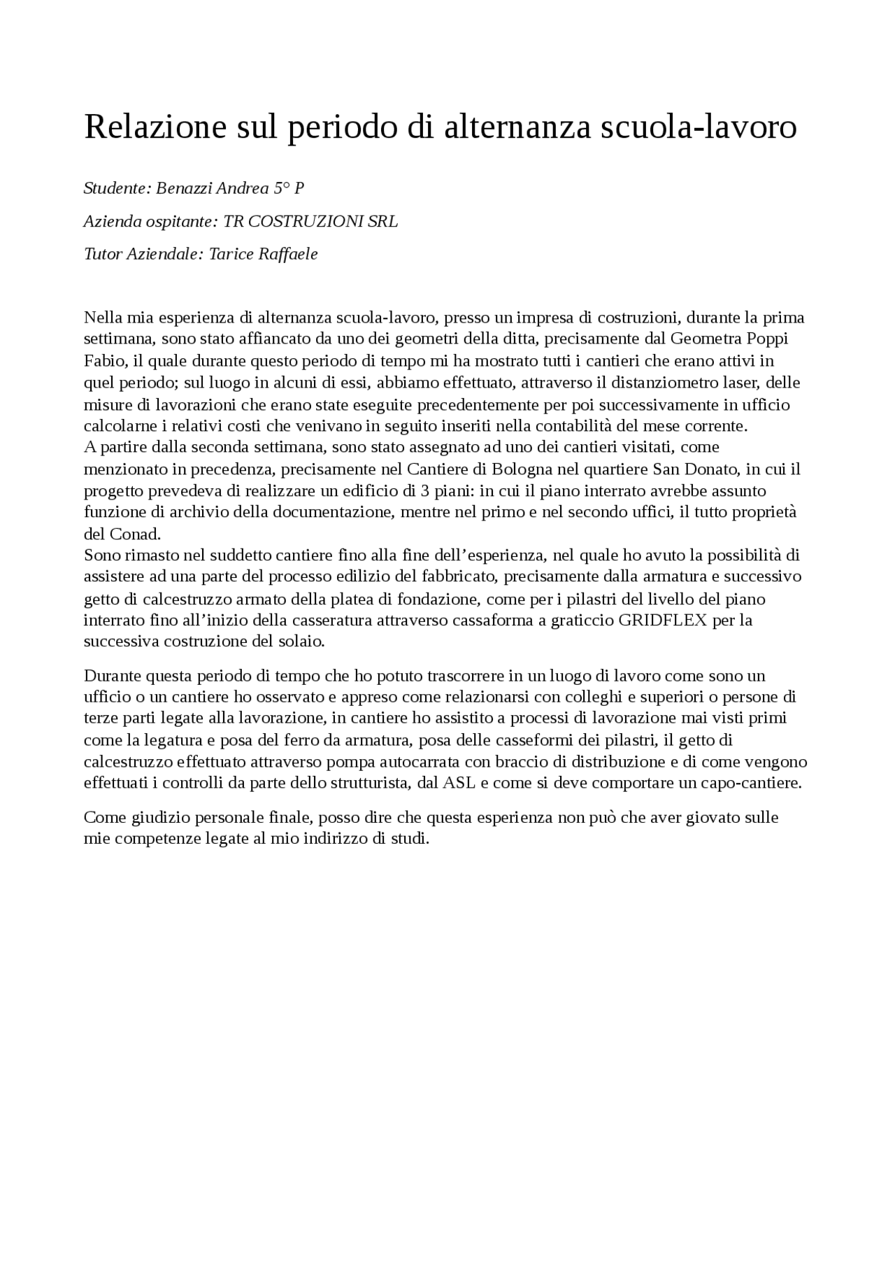 FAC Simile relazione alternanza scuola lavoro - Docsity