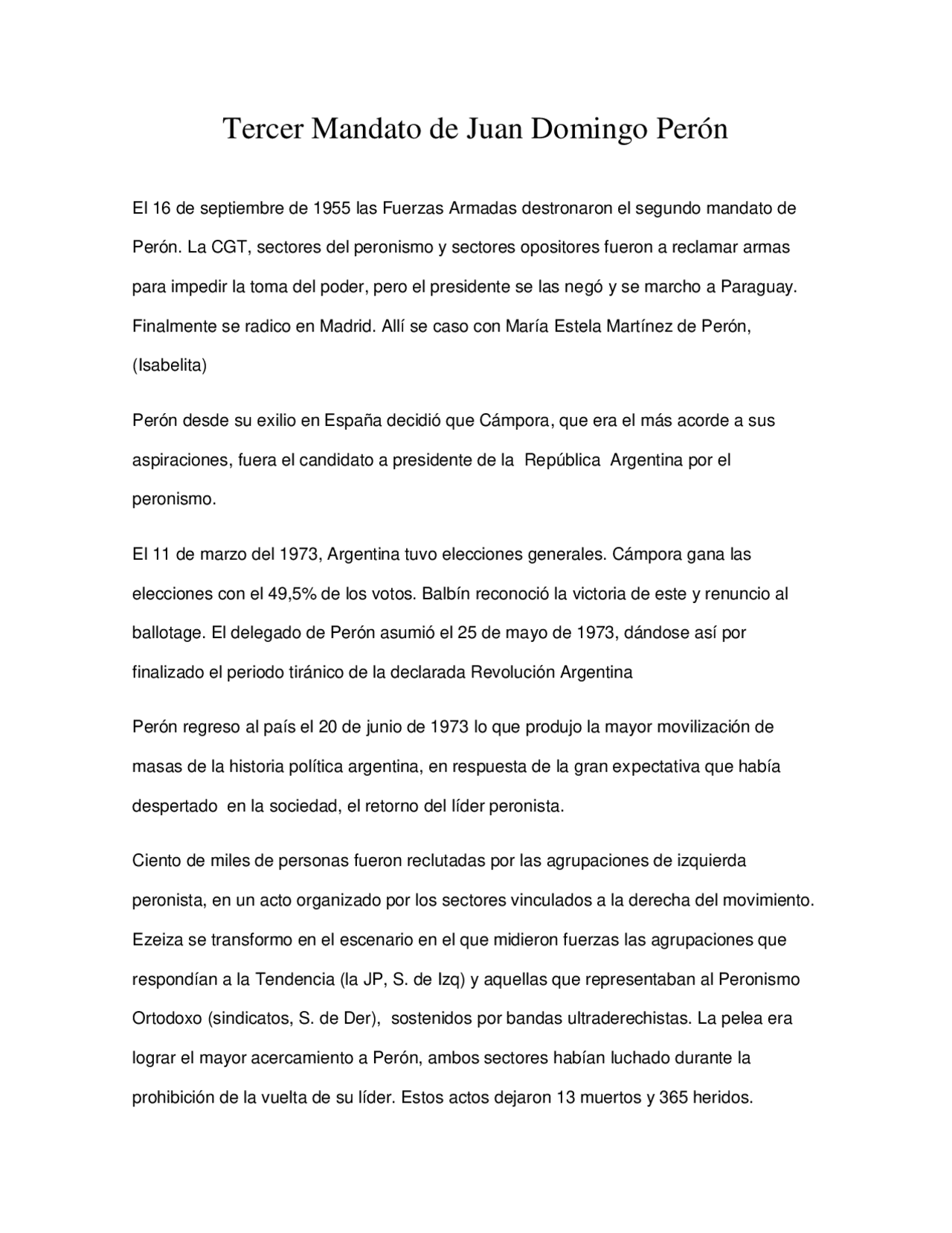 Resumen De La Tercera Presidencia De Peron Docsity