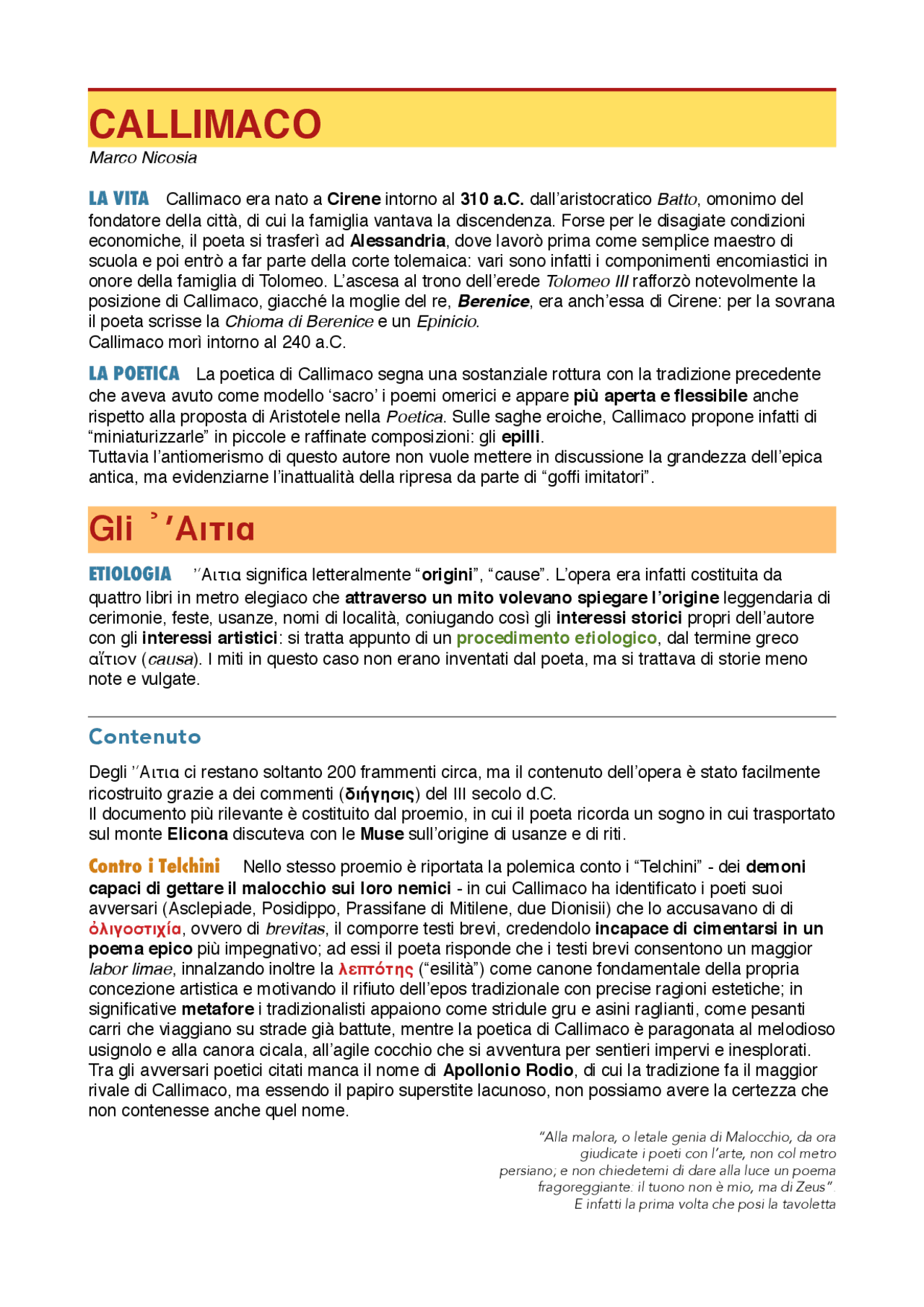 Callimaco: vita, poetica ed opere - Docsity