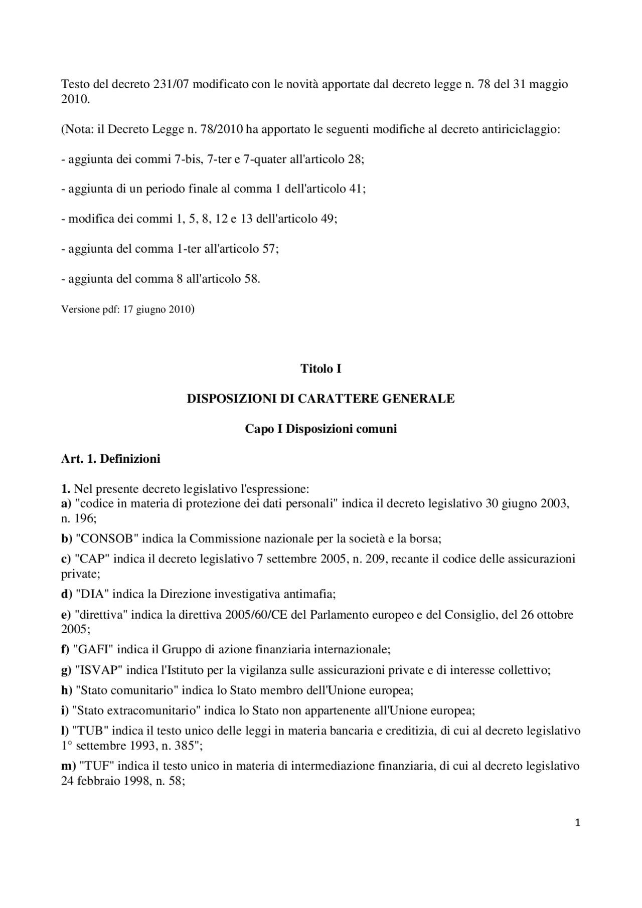 Decreto legislativo 231/2007 disposizioni di carattere