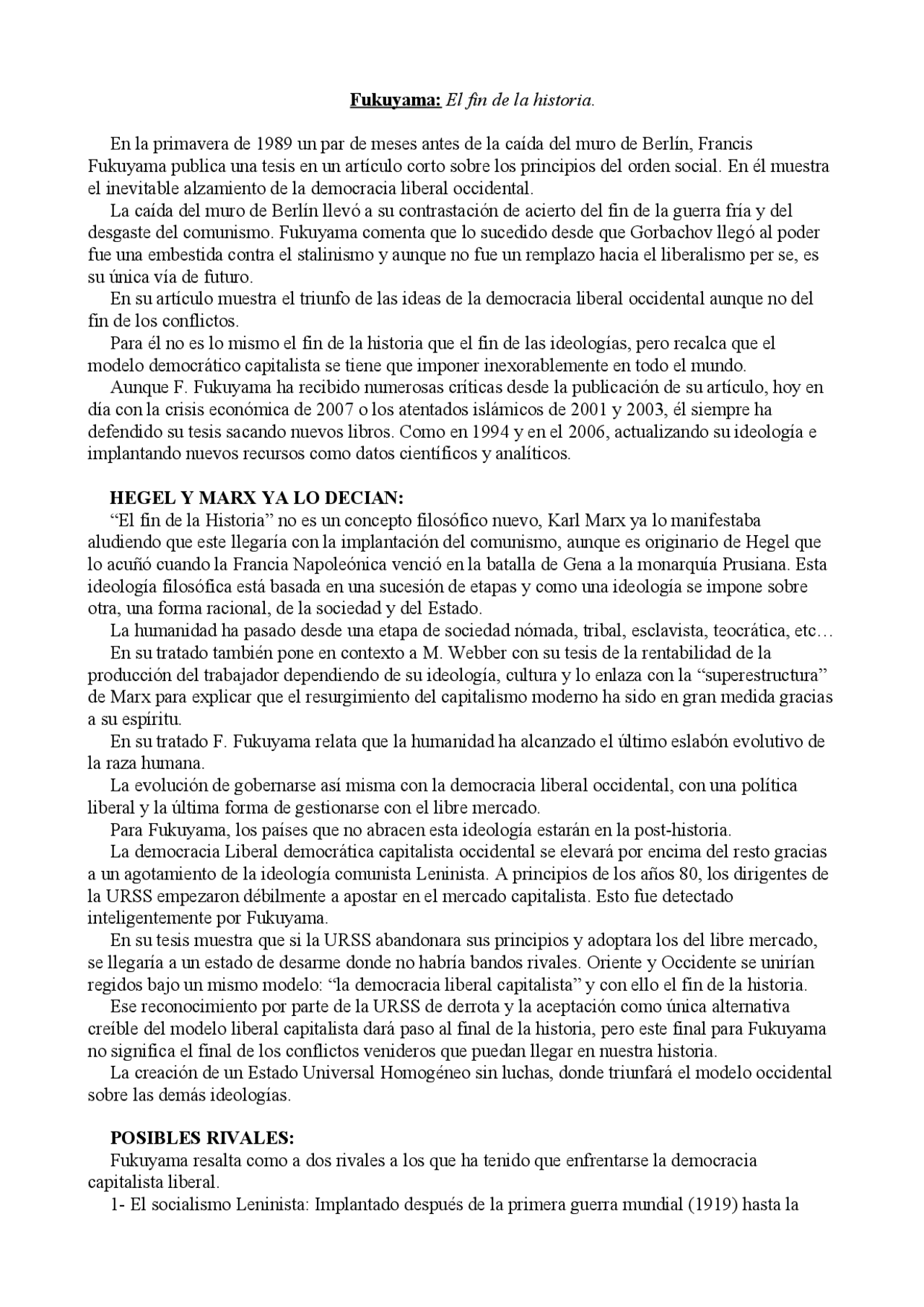 Resumen De El Fin Dela Historia Por Fukuyama Docsity