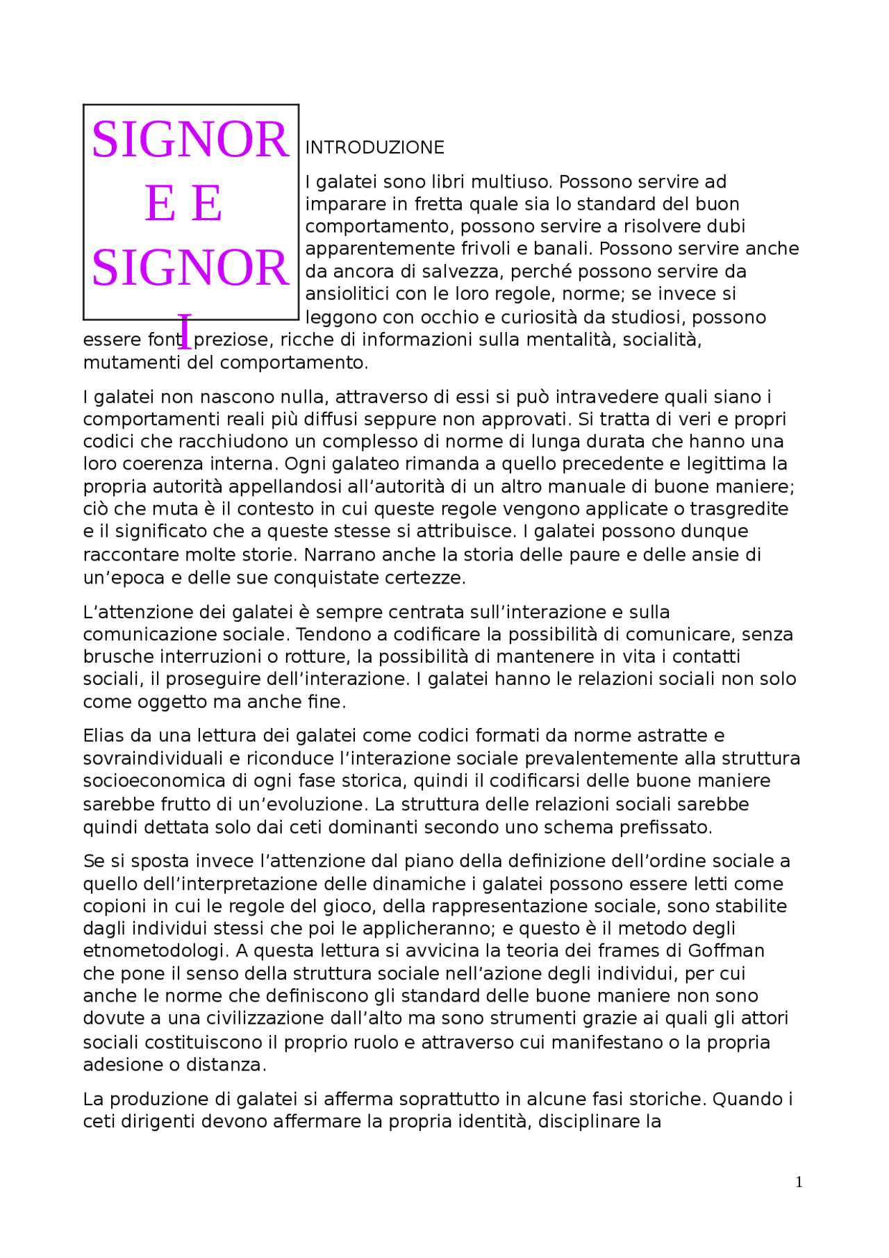 Signore e signori d'Italia. Una storia delle buone maniere. - Docsity
