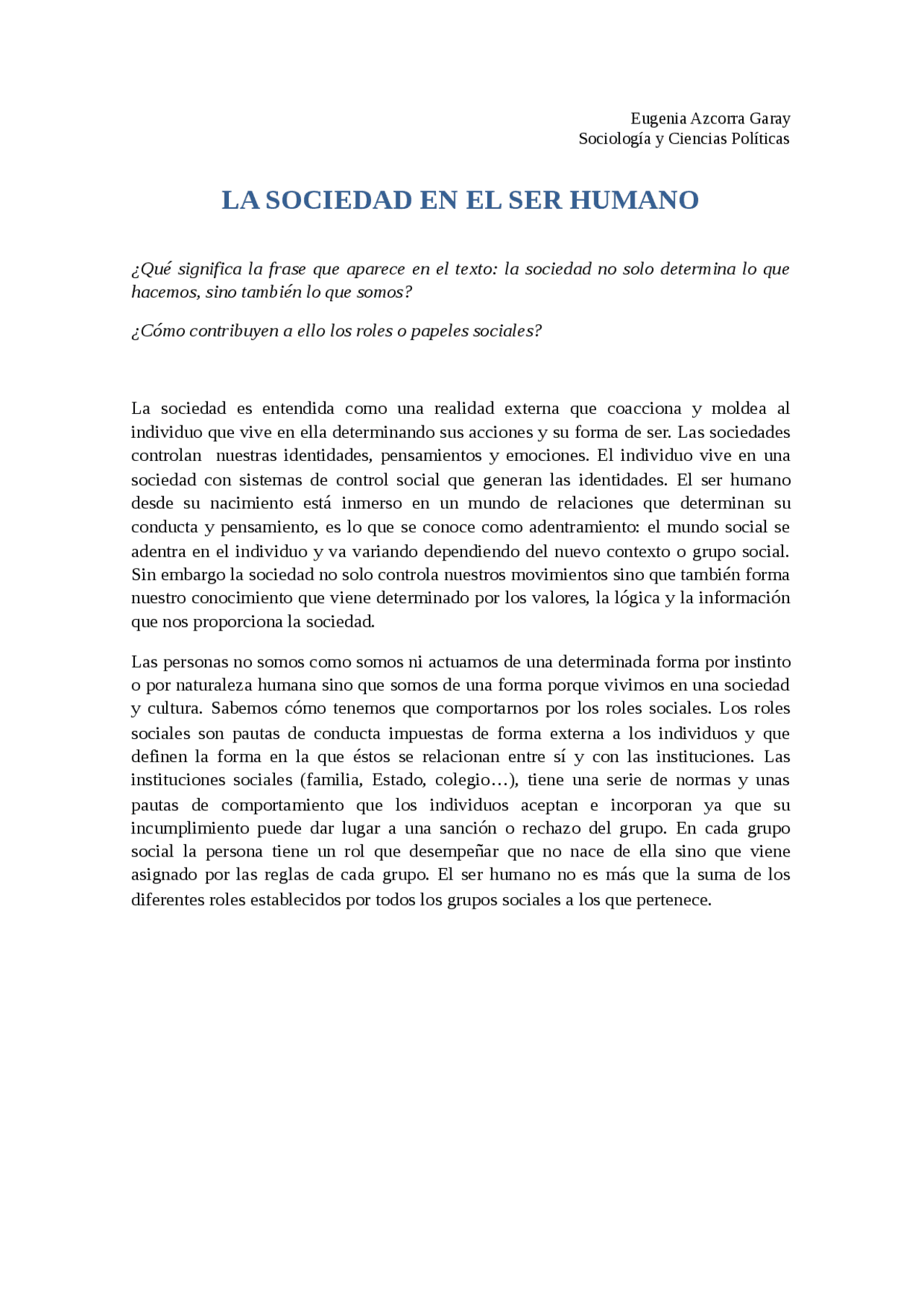 La sociedad en el ser humano - Docsity