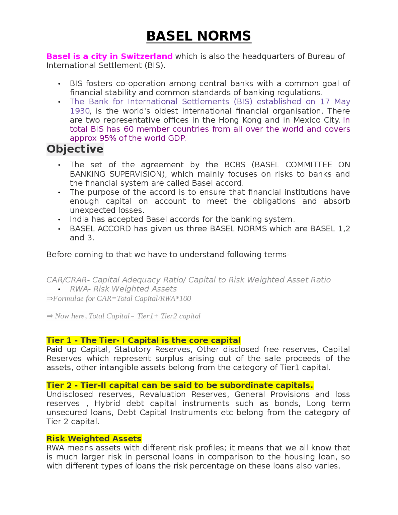 Basel Object Study Example NORMS CALLED BASEL WHICH ARE USED BY BANKS | Study notes Wealth ...