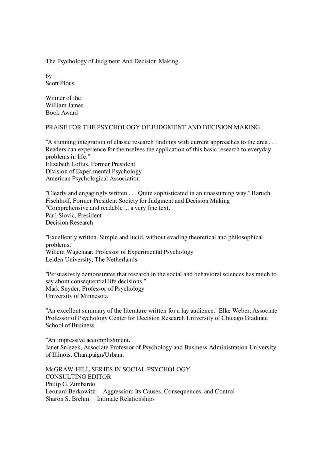 Scott Plous The Psychology of Judgment and Decision Making Dispense