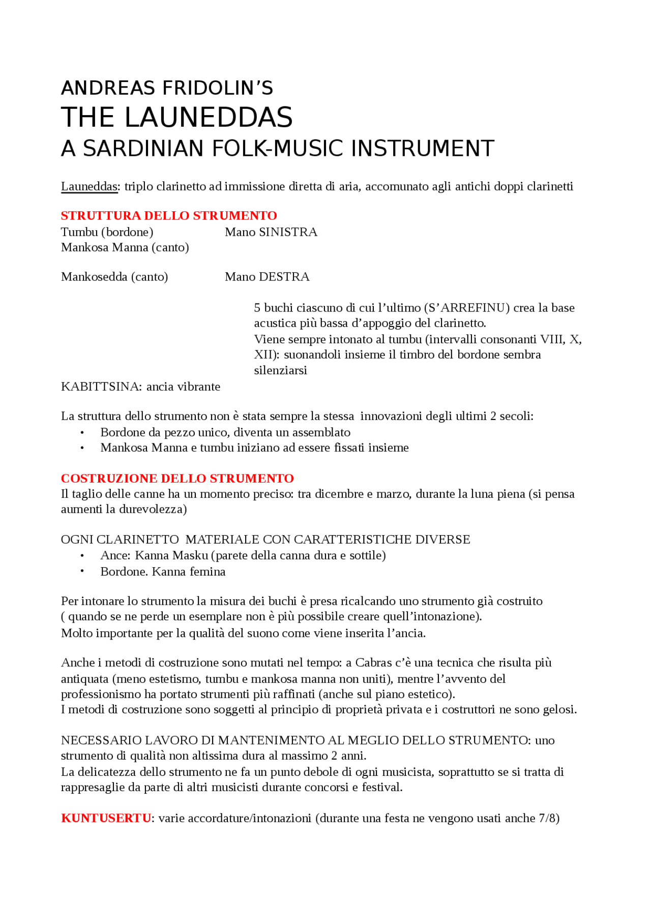 Riassunto The Launeddas (Fridolin) - Docsity