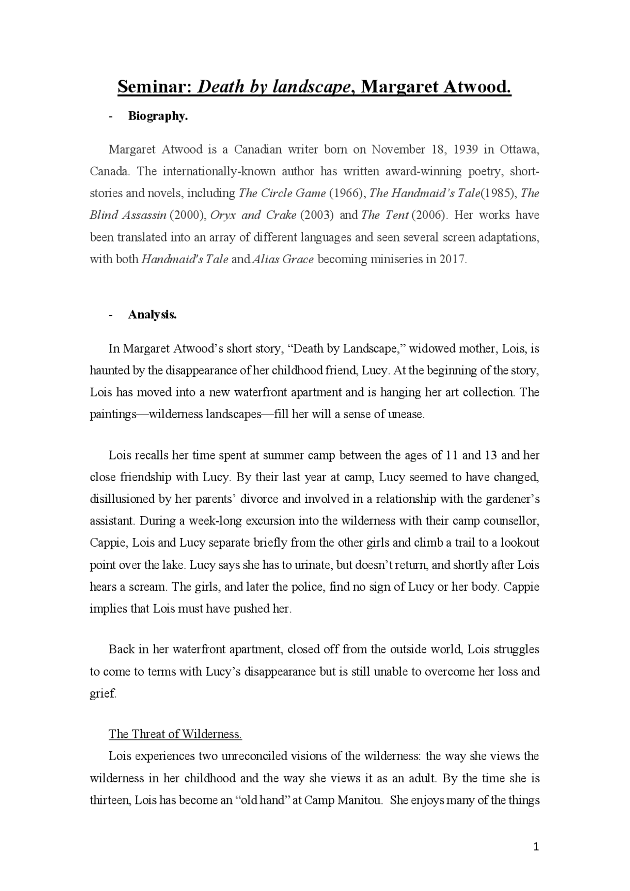 Margaret Atwood, Death by Landscape - Docsity