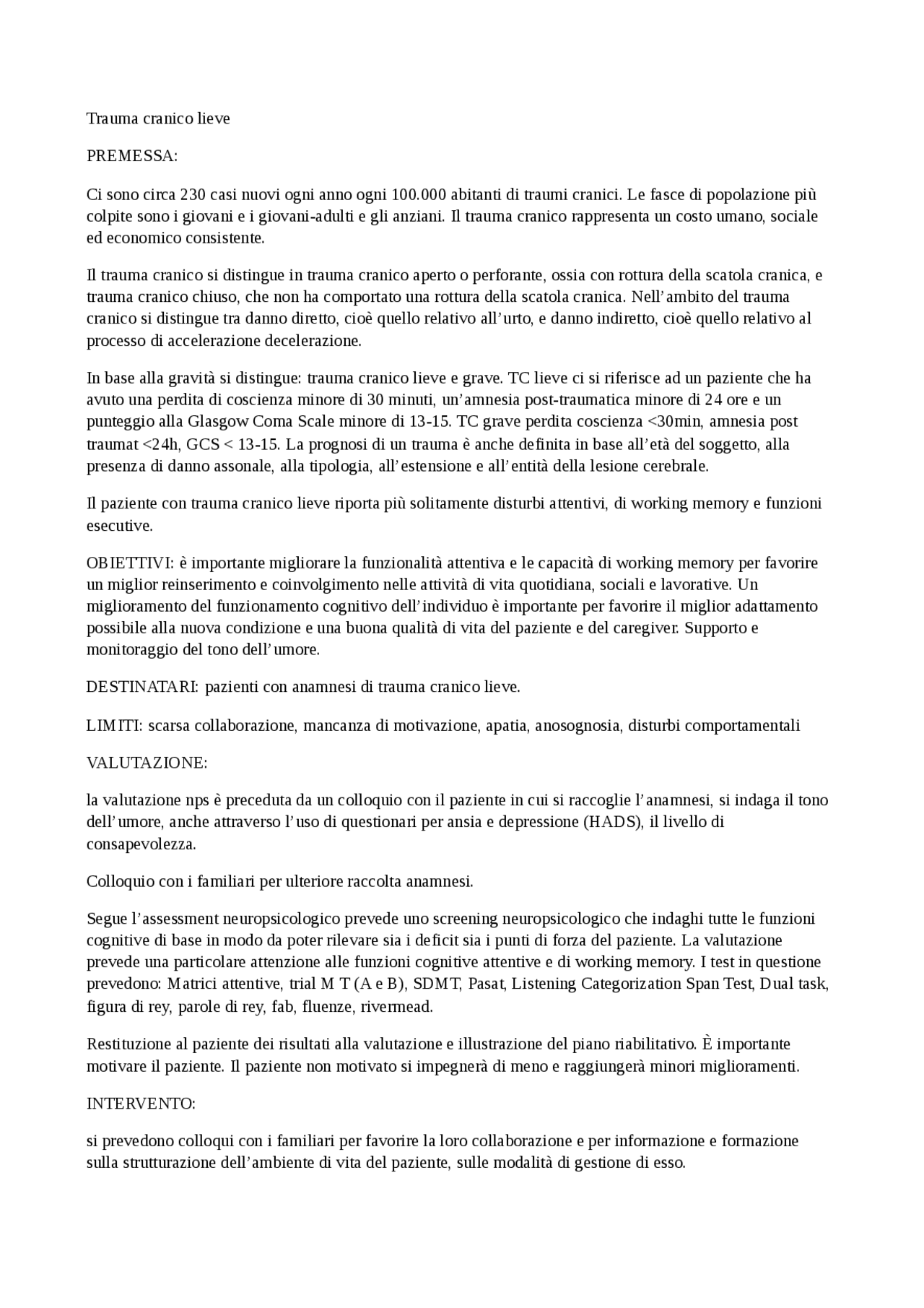 Caso di un paziente con trauma cranico lieve - Docsity
