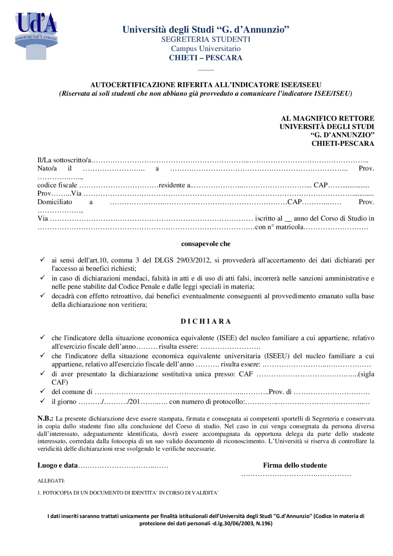 Modulo Di Autocertificazione Docsity
