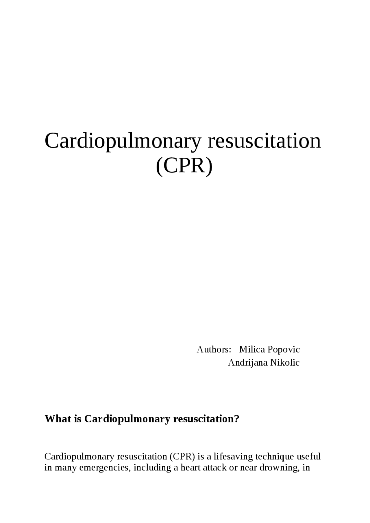 Cardiopulmonary resuscitation (CPR) | Study notes for Biologija - Docsity