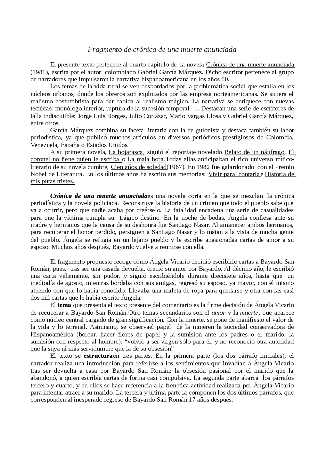 Cronicas De Una Muerte Anunciada Docsity