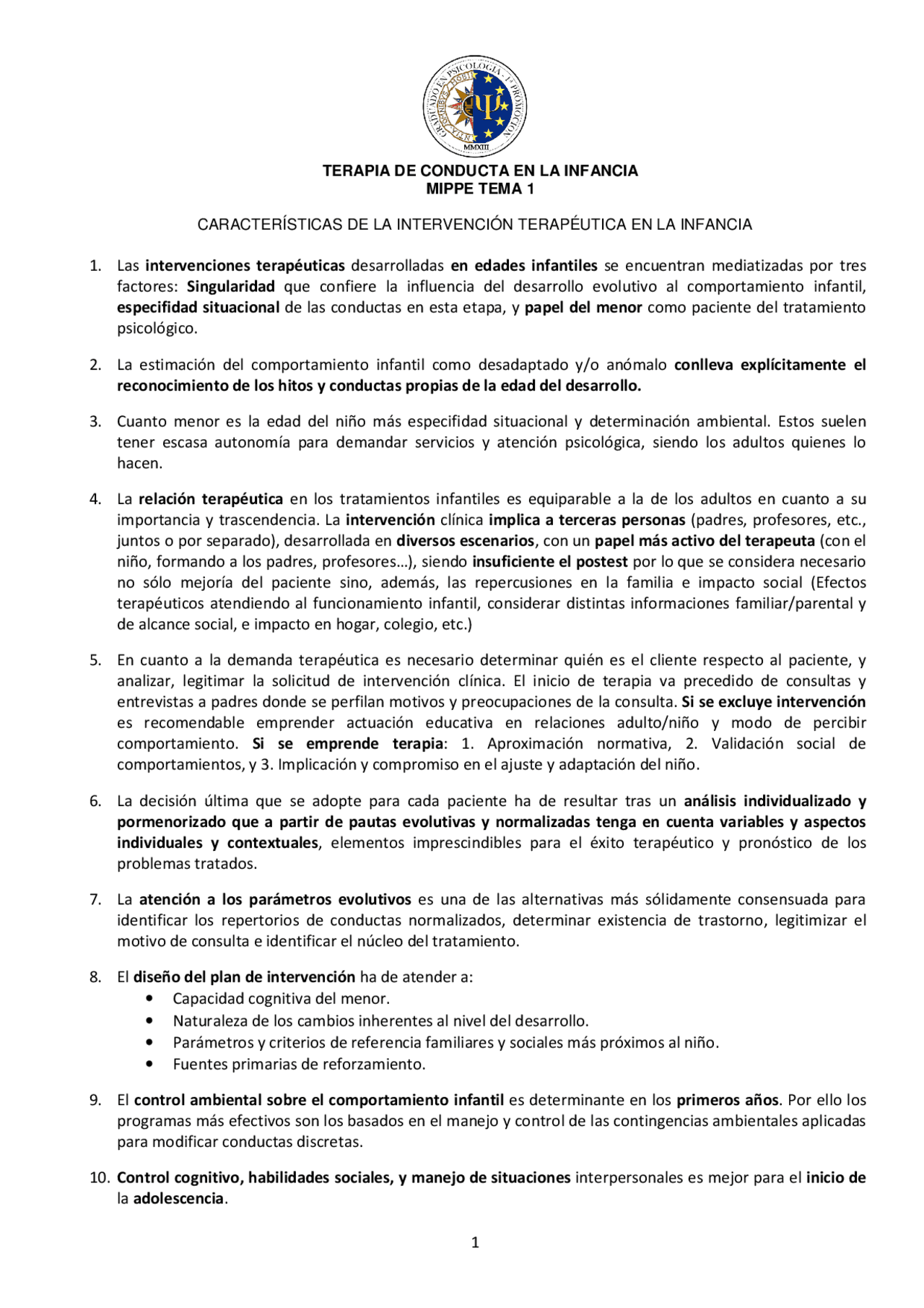 TERAPIA DE CONDUCTA EN LA INFANCIA - Docsity