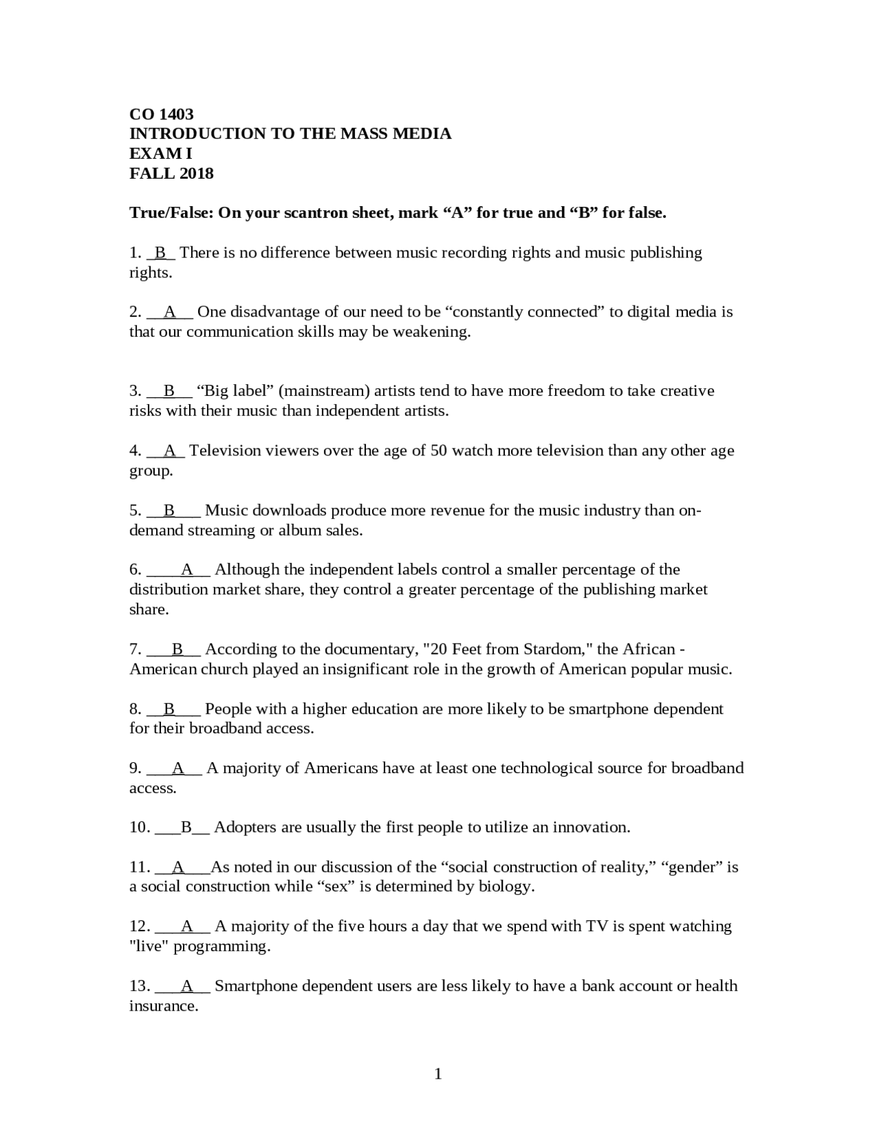 Exam 1 Questions - Introduction to Mass Media - Fall 2018 | CO 1403 ...