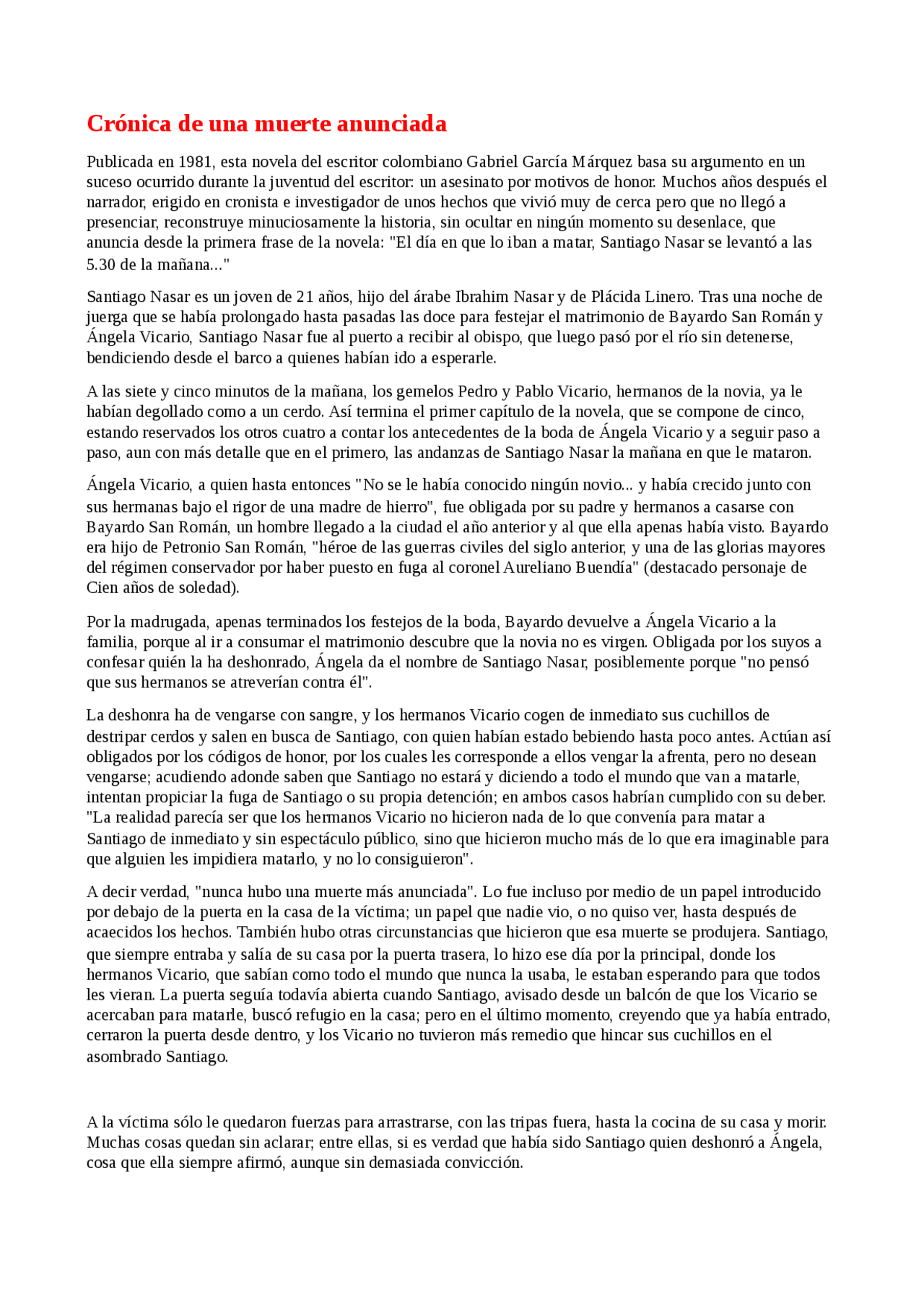 Resumen Cronica De Una Muerte Anunciada Docsity