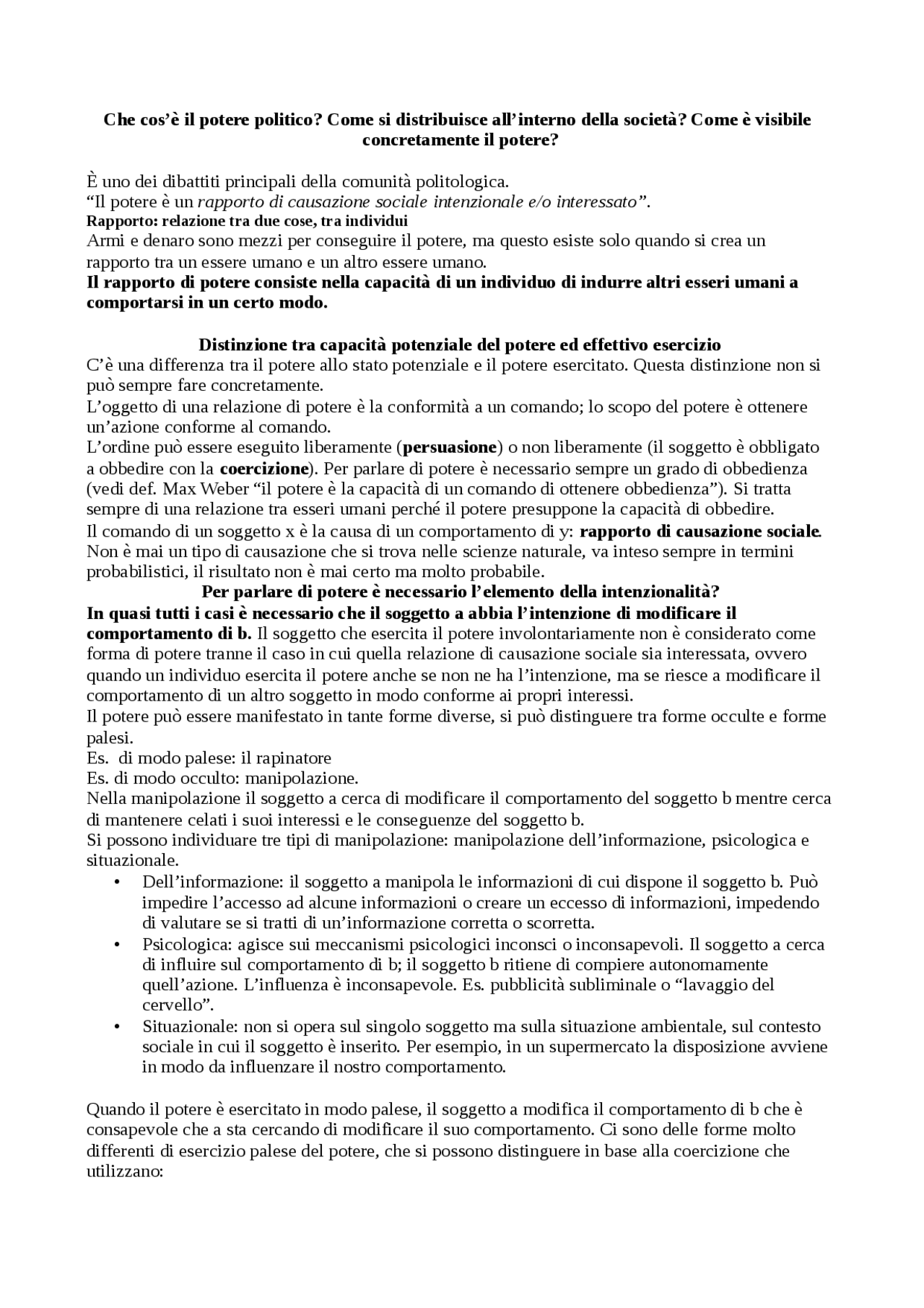 Che cos'è il potere politico Docsity