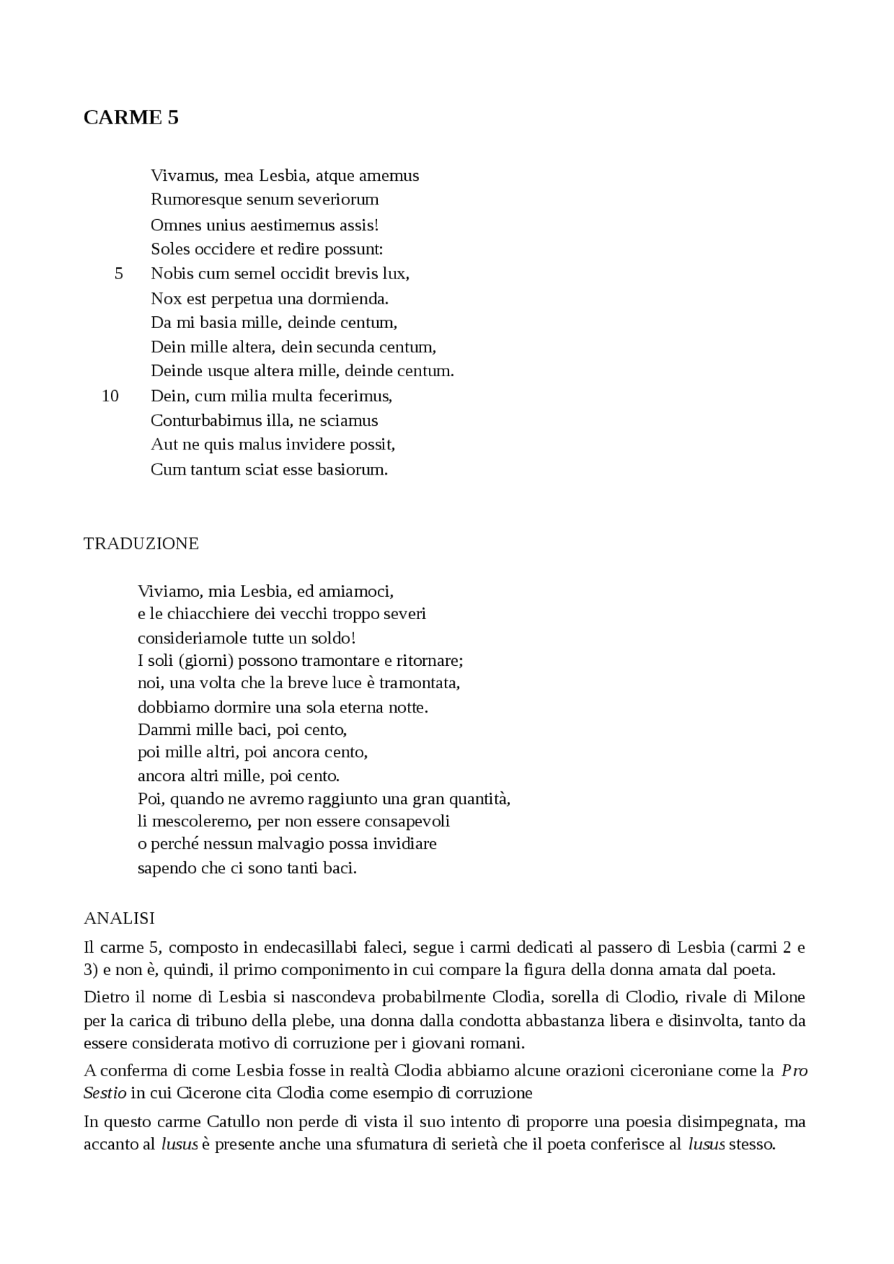 Catullo Traduzione e analisi CARME 5 Docsity