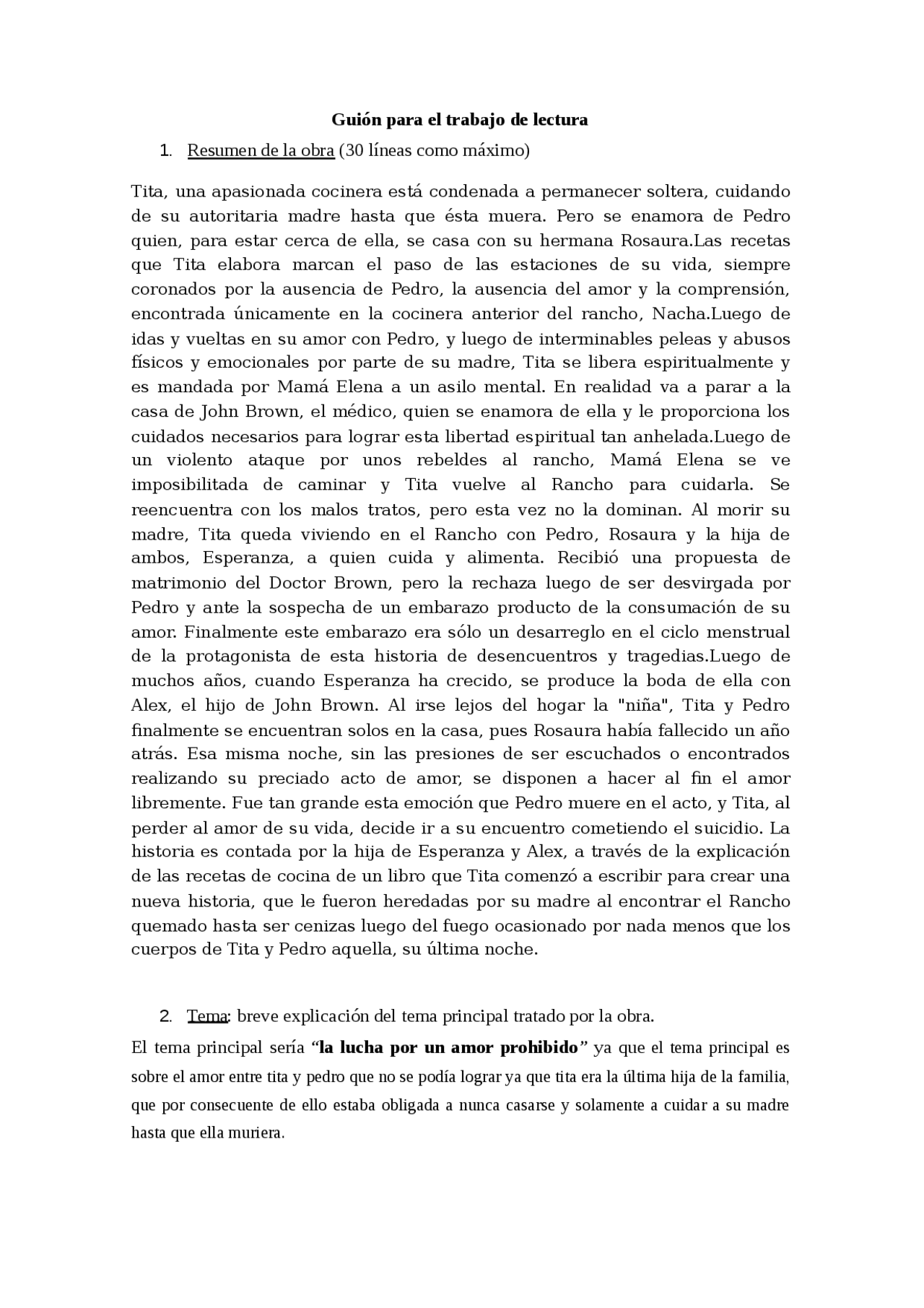 Como Agua Para Chocolate Cuestionario Docsity
