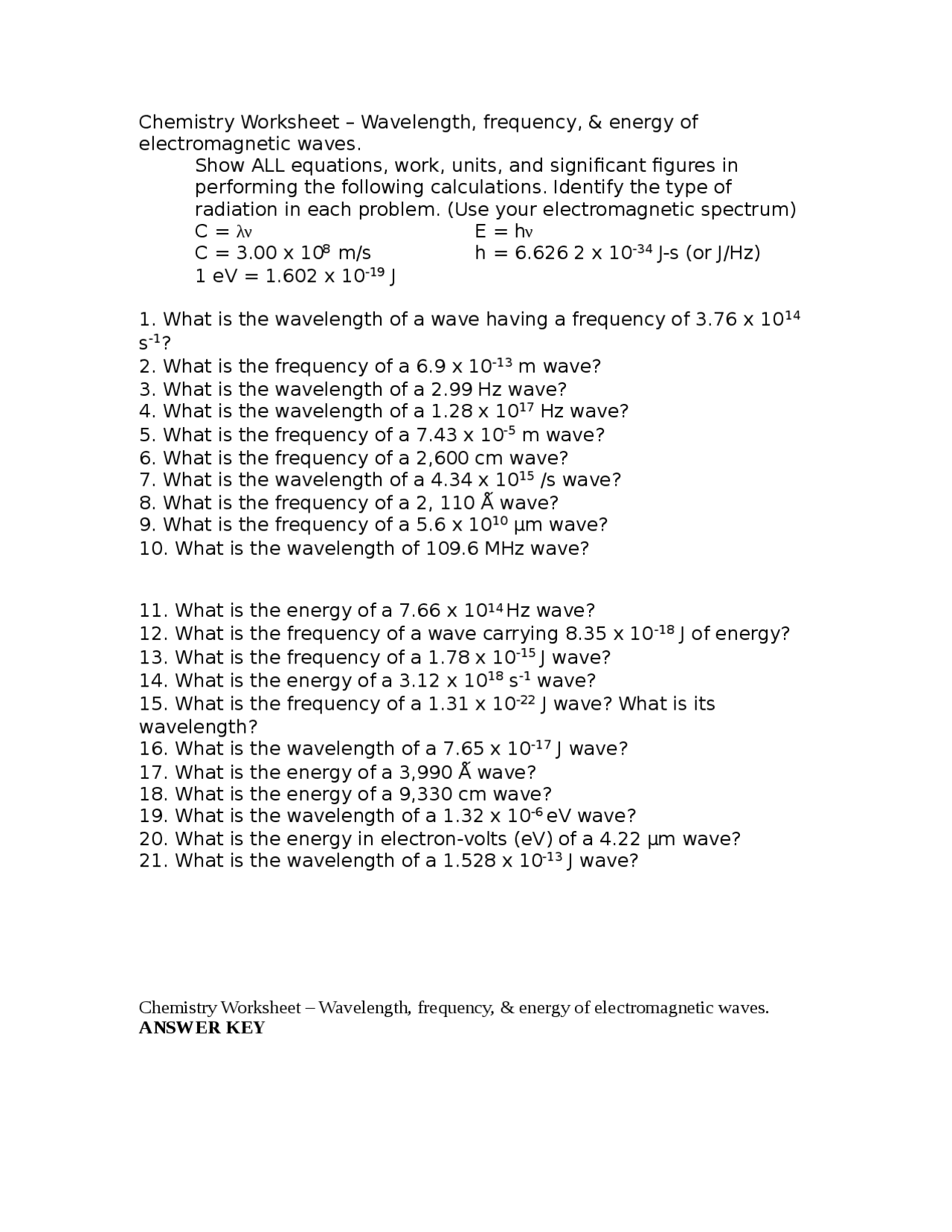 Electromagnetic Waves - Worksheet - Docsity